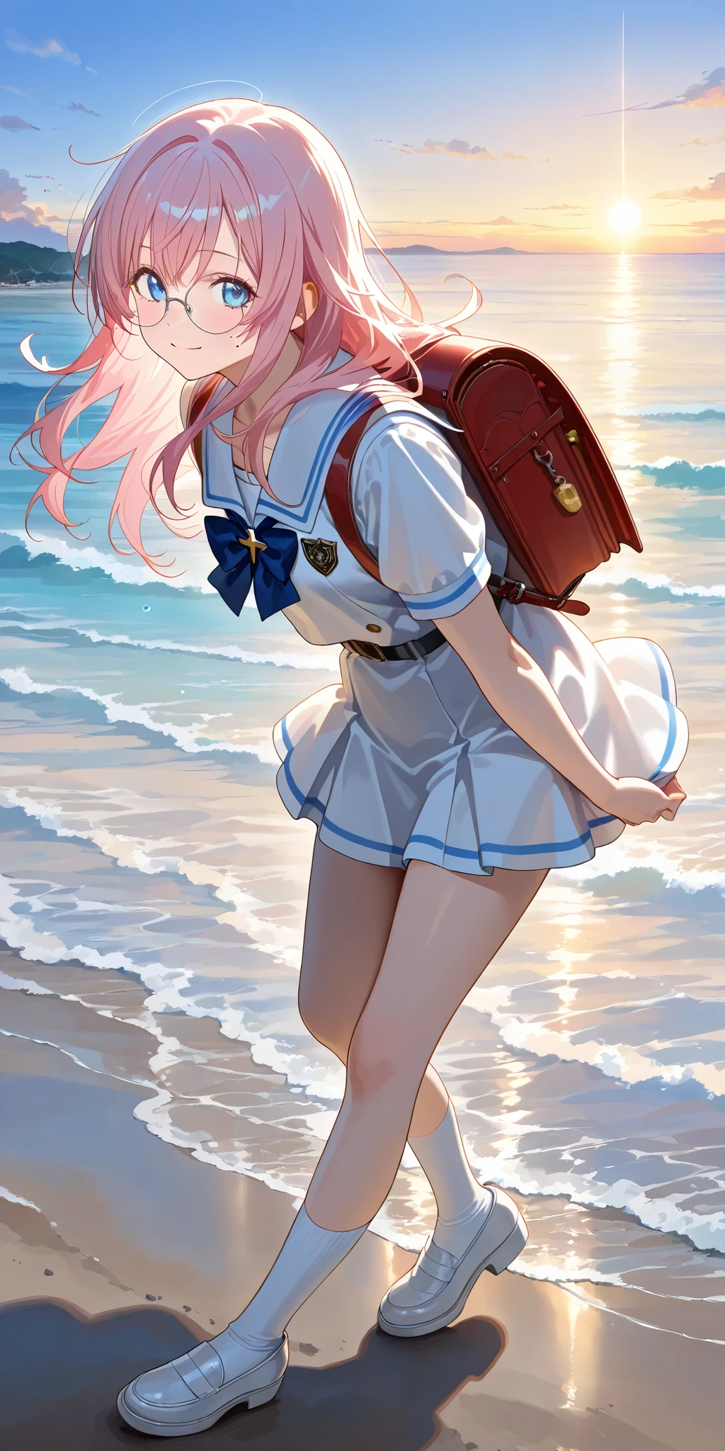 (High CT quality,4k,High resolution,mainpiece:1.2),Very detailed,Realistic:1.37,Best quality,masterpiece, high resolution,on_body, Tyndall effect,photorealistic, Edge lighting, Two-color lighting,(high definition skin:1.2), 8K UHD, DSLR quality, soft lighting, high quality, surround lighting, sincere, de 8K , 4K, 8K, Kawaii student\schoolgirl. She has long straight loose pink hair and a high long vintage bangs, and a gradient at tips of the hair. She has blue eyes and a mole on her cheek. She wears big round glasses. She is dressed in a white\baby blue sailor school uniform with short sleeves of her top and long shorts with belt. She wears white knee socks and simple school shoes. She smiles and walking around the pier with her a school backpack with key chains hanging on it. Background: sea pier, beach, yachts in the port, sunny day, and other students fishing.