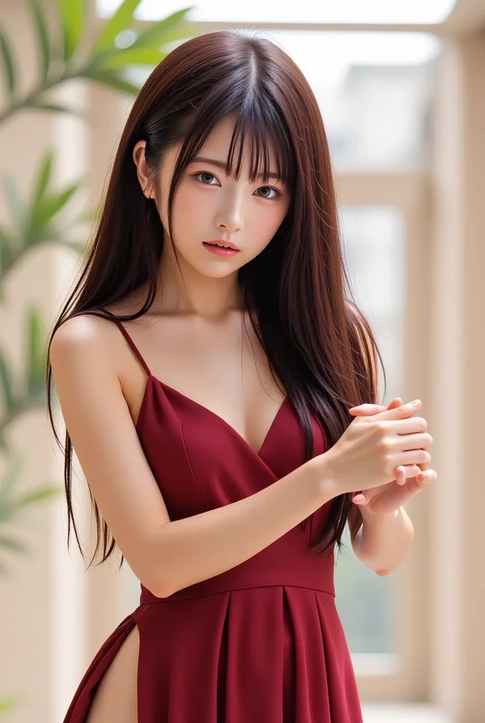 best quality, Face focus, soft light, Ultra high resolution, (realistic:1.4), raw photos, 1 Japanese girl, alone, cute, (student, Light enters the eyes), Beautiful, detailed face, (small breasts),(High resolution details of human surface.), (long hair), indoor, Dark red shirt dress, (Portrait)