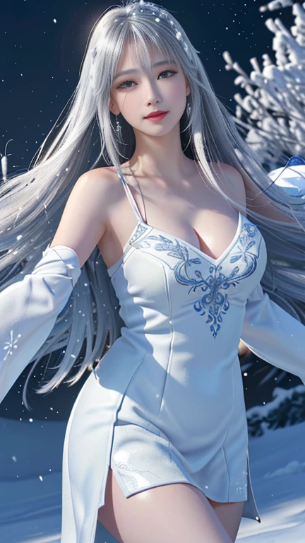 ((masterpiece:1.5、8k、Portraiture、フォトリアリスティックでVery detailedなCG、Very detailed、Particle Effects、Dynamic Effects、Shallow depth of field、Cinematic Light、Lens flare、Ray Tracing、Tabletop、Realistic:1.4、Ultra-high resolution:1.2、Realistic、Realistic))((alone、,オフショルダーのドレスの上にカシミアのcoatを着た女性:1.4、wear a long scarf、White belt、coat、Elegant woman posing、Detailed face、bright表情、young, bright, Whiter skin、small breasts、cleavage, Best Looks、Ultimate beauty、Shiny silver hair with highlights、bright and shiny hair,、Super long, Silky straight hair、Hair dancing in the wind))(morning、outdoors, winter, snow falling)