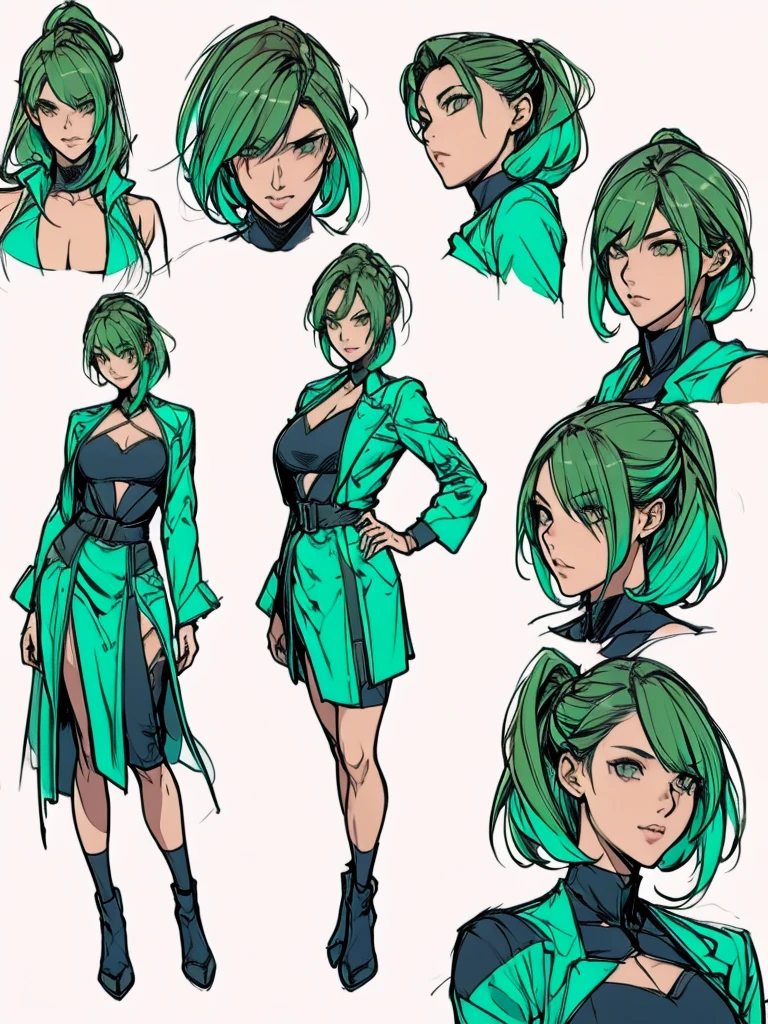 score_9, score_8_up, score_7_up, very aesthetic, BREAK source_anime, rating_explicit, frond an side, 1girl, multiple views, front and side, full body, long hairs, green lips, muscular, augmented hands, tech, robotic arm and legs, mechanical body, Hirohiko Araki style, dress, (Masterpiece:1.3) (best quality:1.2) (high quality:1.1),