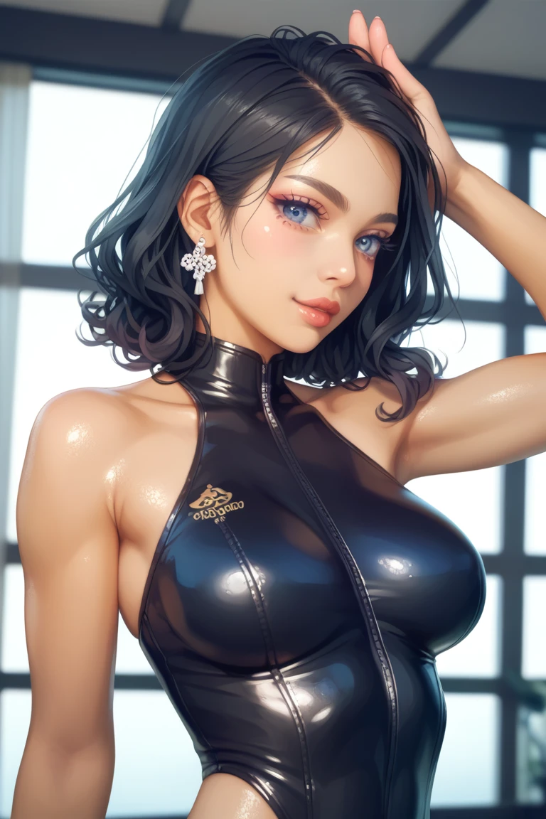 Big breasts, charming beauty, fashion girl, undergoing plastic surgery, face lined with makeup, eyes lined with kohl, thick eyelashes, clear and pure facial skin, natural collagen powder, shiny oily sweat, hair styled in a bun, open chest. Complex configuration without errors., fully articulated body, nsfw, Beautiful high quality shot in a black studio 