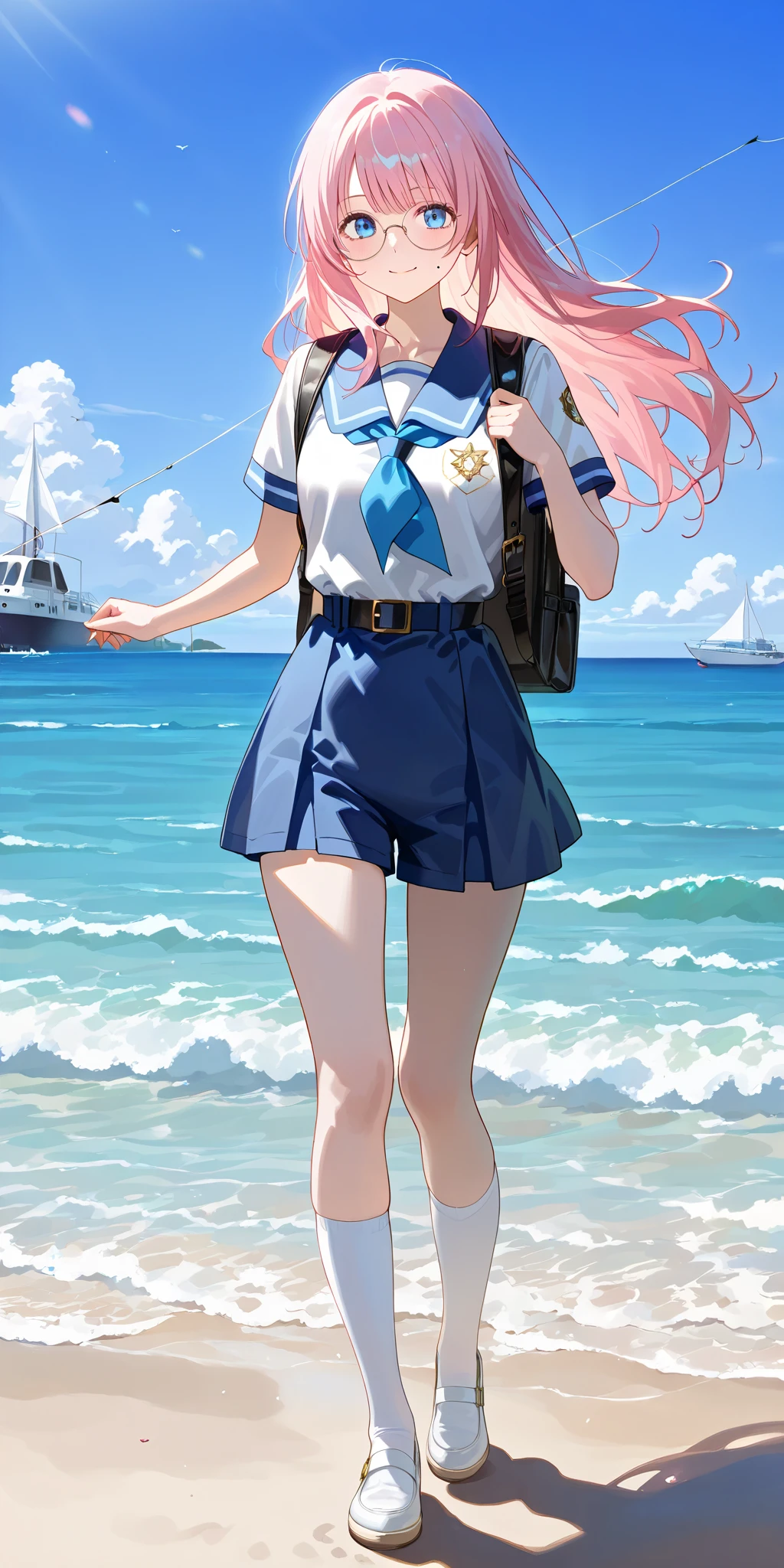 (High CT quality,4k,High resolution,mainpiece:1.2),Very detailed,Realistic:1.37,Best quality,masterpiece, high resolution,on_body, Tyndall effect,photorealistic, Edge lighting, Two-color lighting,(high definition skin:1.2), 8K UHD, DSLR quality, soft lighting, high quality, surround lighting, sincere, de 8K , 4K, 8K, Kawaii student\schoolgirl.  She has long straight loose pink hair and a high long vintage bangs, and a gradient at tips of the hair.  She has blue eyes and a mole on her cheek.  She wears big round glasses.  She is dressed in a white\baby blue  sailor school uniform with short sleeves of her top and long shorts with belt. She wears white knee socks and simple school shoes. She smiles and walking around the pier with her a school backpack with key chains hanging on it.  Background: sea pier, beach, yachts in the port, sunny day, and other students fishing.