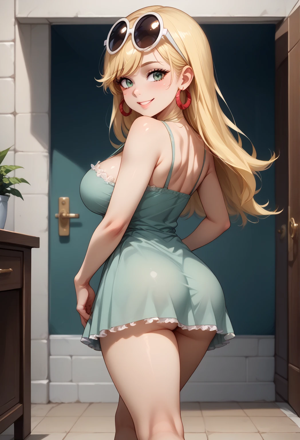 (1980s anime), blonde woman wearing starlight costume leaning on a doorframe. Long hair, natural breasts, high heels