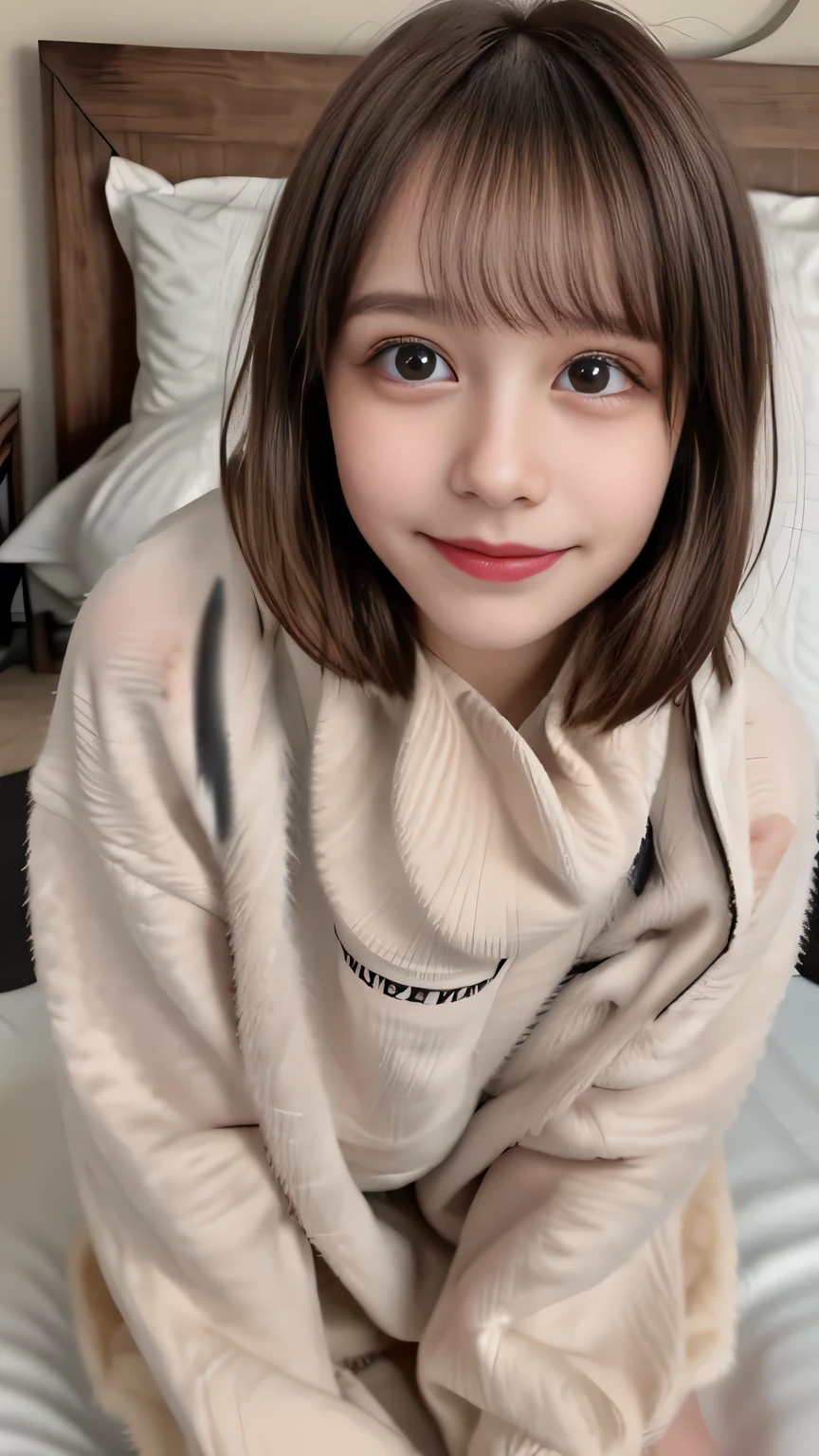 face up、masterpiece、4k、(Cute Smile 1 .6)light brown hair、18 year old woman、shorthair、 has bangs、oversized sweatshirts、Instagram、bed 、 cute woman、