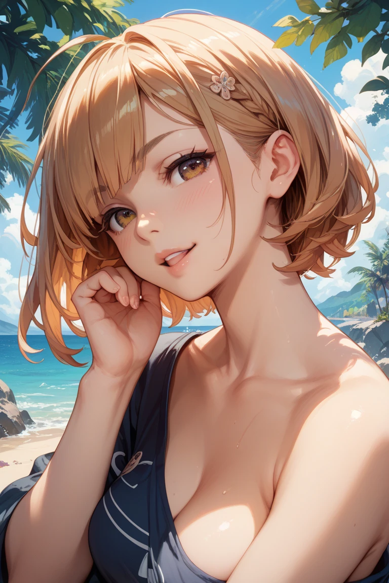 One Woman, Highest quality, masterpiece, Super Resolution, super high quality, Large Breasts, Idol, Beauty, ((From the front 1.2)), Cleavage, 8k, High resolution eyes, High-resolution contours, ((Forehead visible 1.3)), Stylish, High-resolution pupils, blush,  High resolution face, High resolution breasts, Ultra HD, Open your mouth, Upper Body, High resolution mouth, Sexy body, ((Super cool face 1.5)), ((Hanging 1.6)), Broken bangs, Yellow Eyes, model, Mature Woman, Adult women, Beautiful clavicle, High resolution hair, Mother, maternal, Underboob, Sideboob,  Married Woman, couple, super beautiful, Charm, Alluring, Open your mouth, Blonde, short hair, Micro Bikini, Beach, Textured skin, Textured Breasts, 
