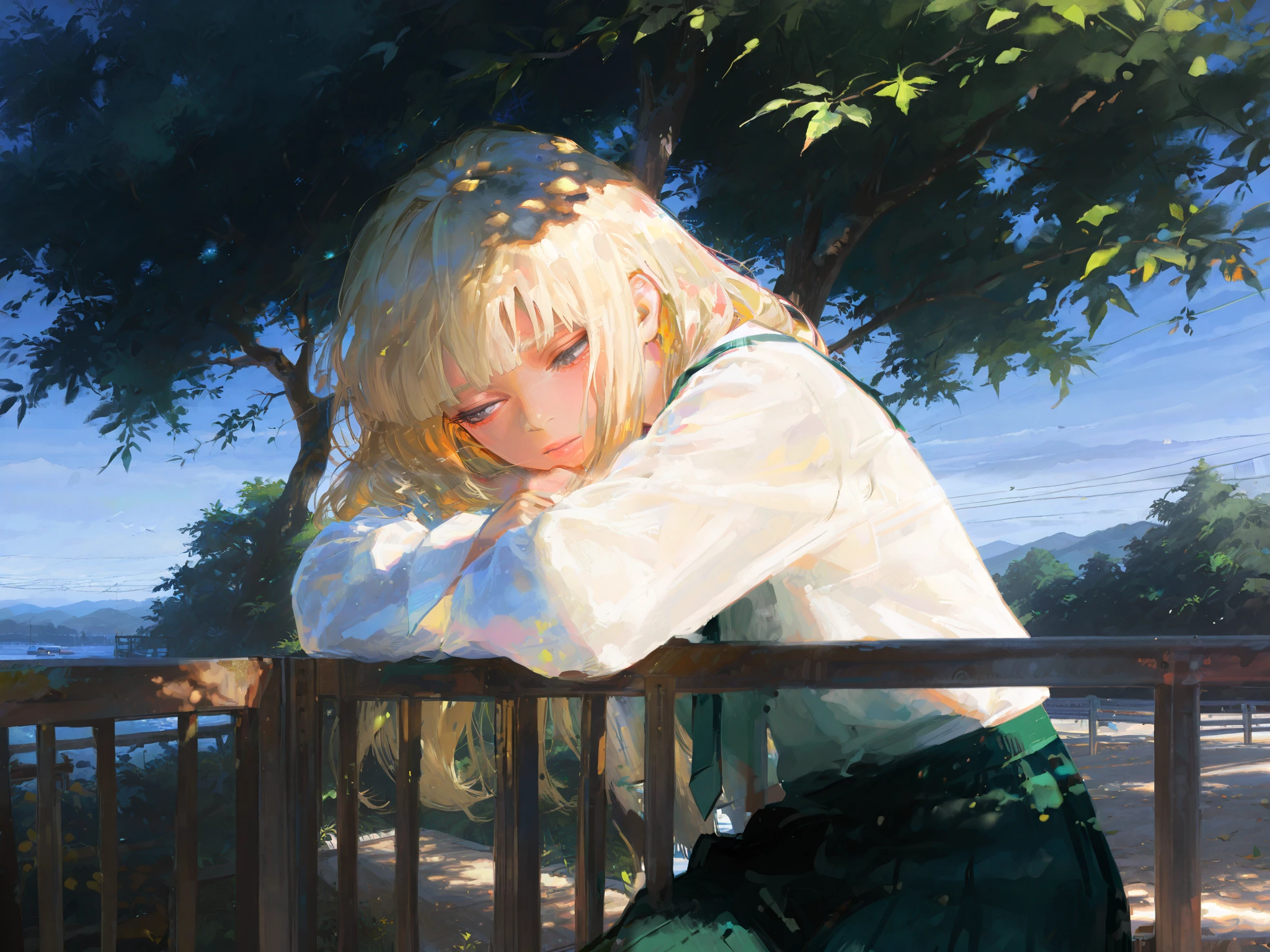 HDR, 8K, high contrast, masterpiece, best quality, amazing quality, very aesthetic, painting artstyle, realistic, newest, hyperdetailed painting, brushstrokes, digital painting, by kohei horikoshi, my hero academia art style
BREAK
bounce light, hyperdetailed, detailed hair strands, detailed fibers, aesthetic, 8k wallpaper, detailed, masterpiece, best quality, amazing quality, very aesthetic, absurdres, 8K,masterpiece, great colors, color theory, great lighting, great composition, flawless. 1girl, Hime cut, gradient black and blonde hair, grey eyes, school outfit, looking to side, leaves in the wind, sharp sunlight, windy, tree shade, railing, Japanese road background. dappled lighting. leaning against railing, hair drooping, amazing, breathtaking art