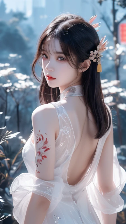 (((masterpiece))),(((best quality))),((ultra-detailed)), ((illustration)),floating, ((an extremely delicate and beautiful)),(beautiful detailed eyes), (painting),(sketch),((neck)),(((back))),(looking back), blush,dhalter dress, backless dress ,hyper detailed,eyes,(black hair),upper body, (((Clear face))),((Clear eyes)), bangs, serious face, (((Chinese cloth,ornament))),{Ink painting style},{Ancient Chinese style},very long hair,disheveled hair,messy_hair,white hair,flowing hair,wind,glowing eyes,cinematic lighting,everything floating,Extremely gorgeous,legend,epic,feather, leaves, nature, (sunlight), river, (forest),(painting),(sketch),((loli:1.3)),{petite},{cute face},((flat chested)),(Sketch),(laurel crown ),(((beautiful detailed sky,smooth))),(soft),((beautiful detailed eyes and face)),(neck ring),(necklace),(pendant),((white dress)),(detailed light),(beautiful detailed eyes),shinelight ),(lighting particle),(colorful),((((Chinese ink painting))), ((((Ink dyeing)))),