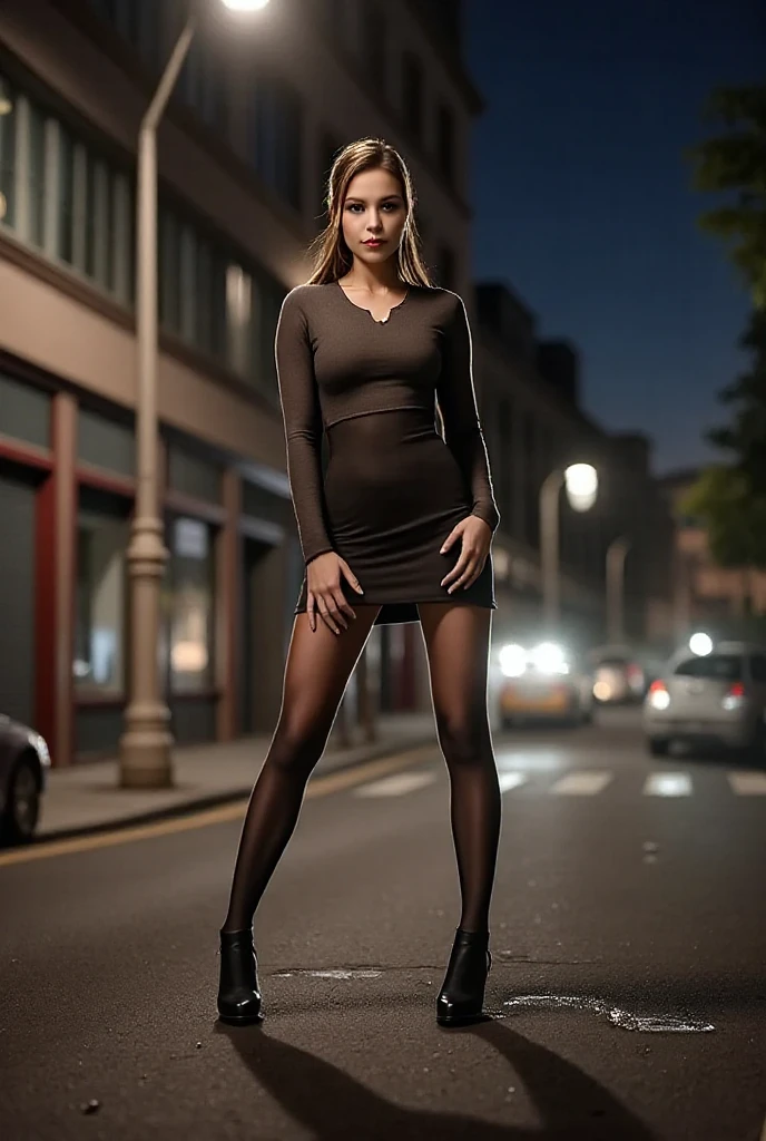 Skinny tall, skinny narrow girl. Длинные тонкие ноги in heels с платформой. Black pantyhose full body bodysuit nude, hood. On a dark night, in low light at dusk, dark, in heels,