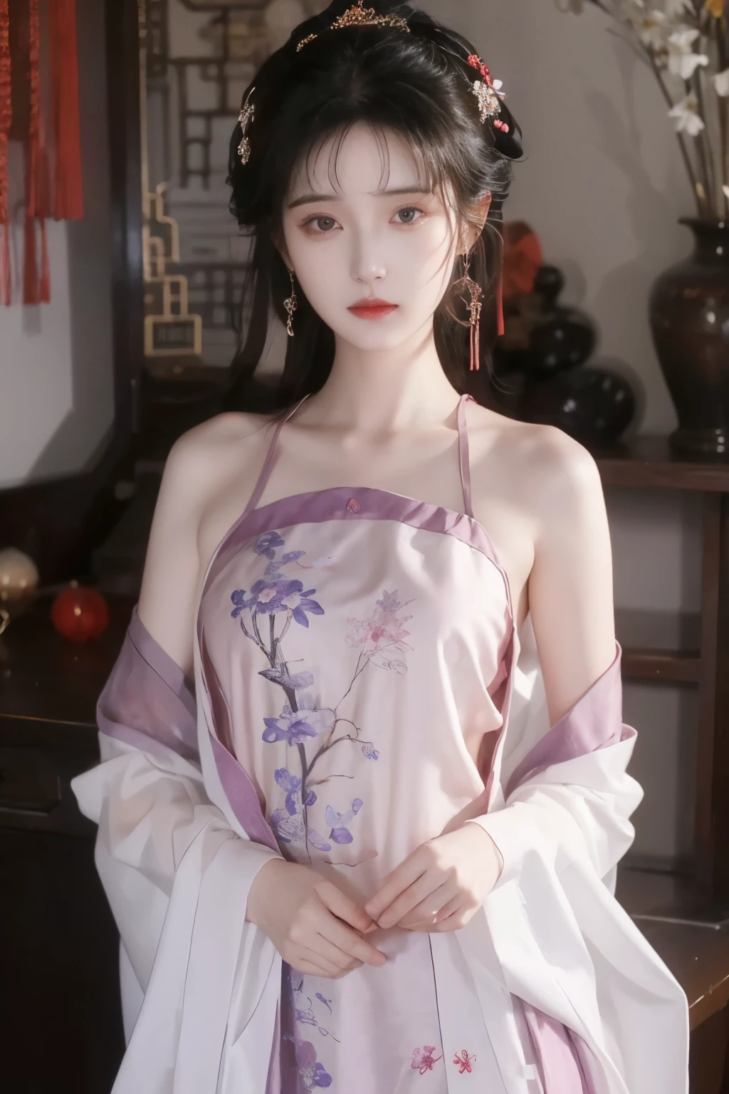 hanfu-song, hanfu, song theme, bandeau, tube top, ((knee shot)), ((masterpiece, best quality)), ((bare shoulders)), ((The skirt is short)), ((Sexy slender legs)), red lips, a mature woman, cosmetic, lifelike、real picture、((realistically:1.5))、White phalaenopsis around hair,Lilac dendrobium、White Lily、1 girl、brown hair、flowing hair、plump breasts, slim body, Charming legs, bright smile, strike an elegant pose, Have extremely beautiful facial features、hairpins on head、perfect hands、(night、moon、cliff)、 vector art、Chinese contemporary art、soft light、look down