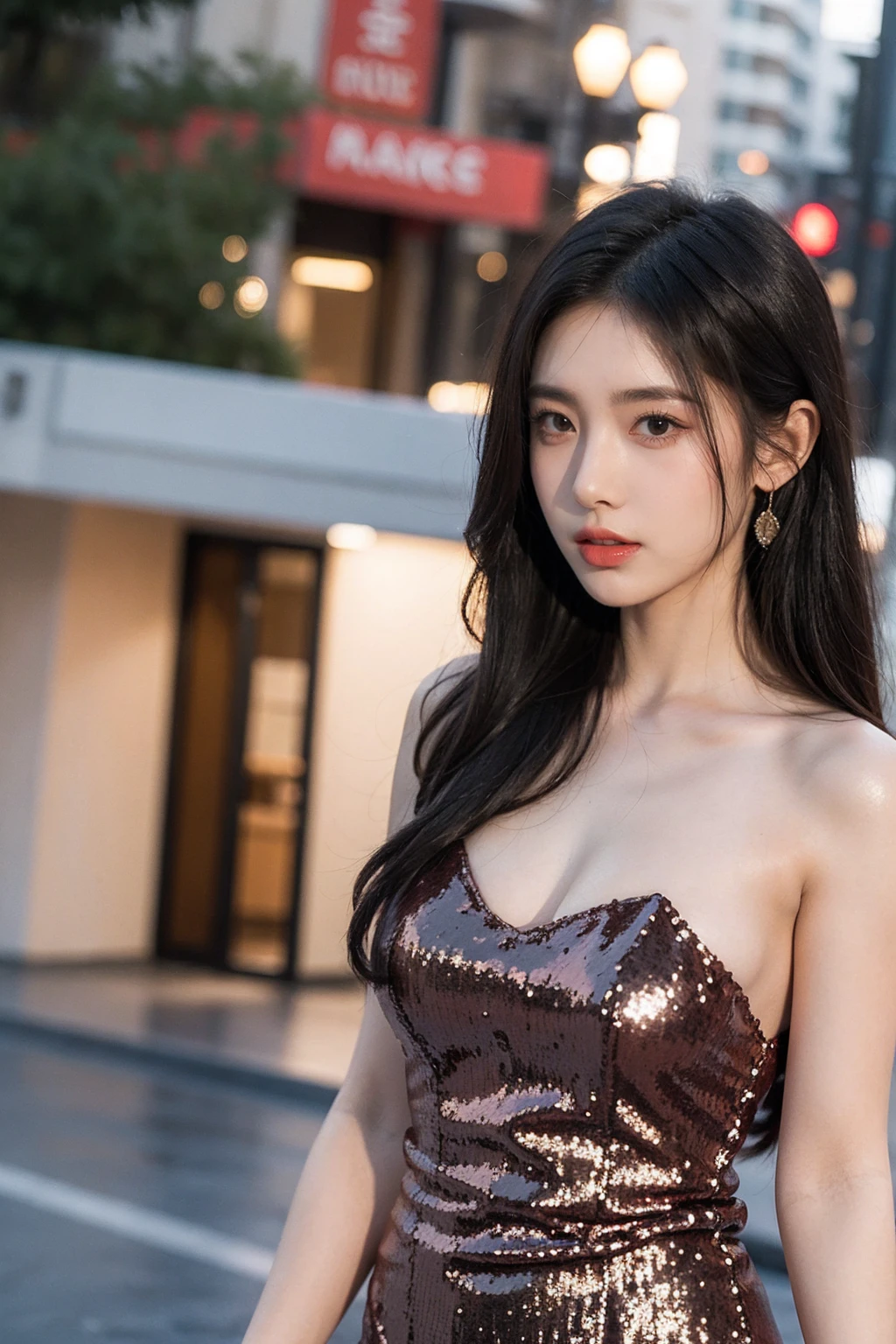 indosugu nr_V1.0, (sharp focus: 1.5), (sharp focus:1.2), photograph, attractive young woman, (beautiful face:1.1), fine eyes, luscious lips, (natural makeup:0.85), (medium breasts:1.0), (petite body:1.2), wearing (sequin dress:1.2) in (night club:1.2). (moody lighting:1.2), Depth of the bounds written, Bokeh, 4k, HDR. by (james c. Christensen:1.2|Jeremy Lipking:1.1).