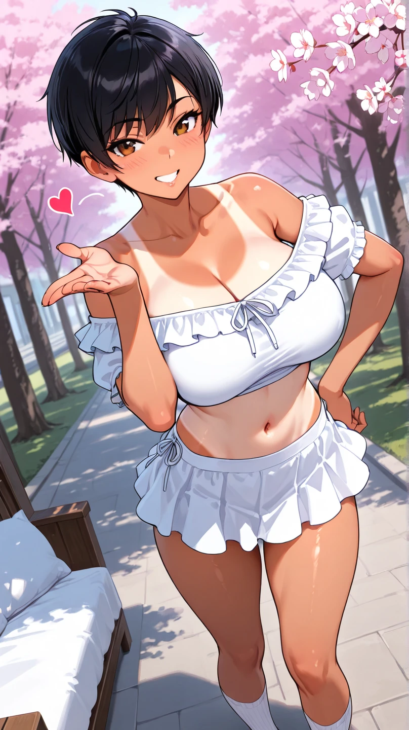 (masterpiece, Best Quality, ultra-detailed, high resolution, extremely detailed CG, official art, Professional Lighting, Perfect Anatomy), (from below), looking at viewer, cowboy shot, perfect body, 24yo beautiful 1girl, delicate beautiful face, Bright magenta eyes, cute eyes, sparkling eyes, (perky chest:1.1), (pointed chest:1.3), medium hips, glamorous body,a small face,beautiful-makeup,Makeup light,Shortcut Hair,dark brown hair, Amazing Cleavage:1.2,Raised sexy, small breast: 1.2 ,posed cleavage:1.2, bare legs, nail_polish, Waiting friend, (at morning:1.5), tokyo, (convenience store:1.3), outdoor, (depth of field:1.3), contrapposto, (Hold a coffee in your hand:1.3), looking at viewer,(double breasted:1.1,under bust:1.2), gap between buttons,(((Extremely short mini skirt,))) seductive weak smiling,(with sparkling eyes and a contagious smile),open mouth, Looking at Viewer,