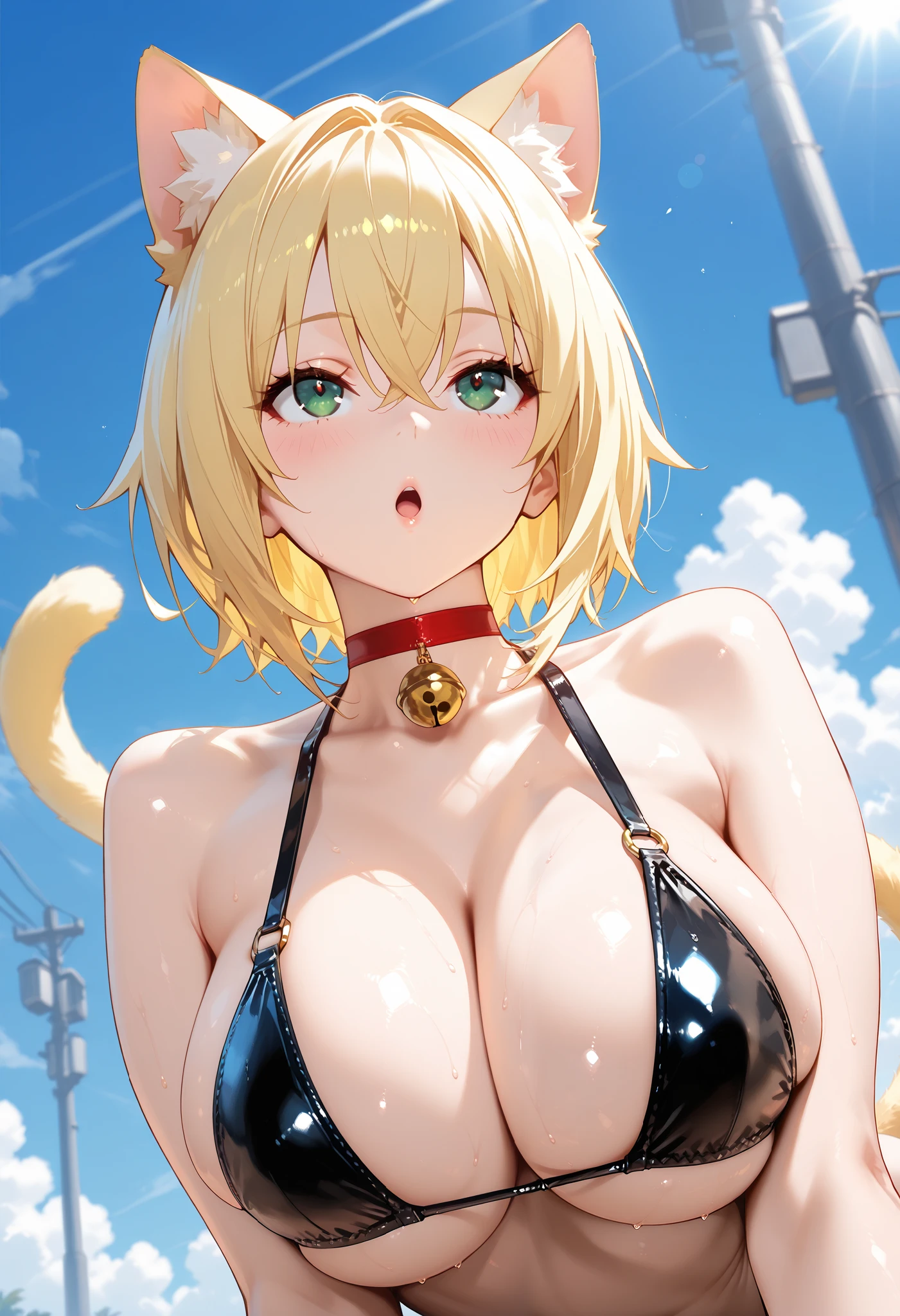 Yellow hair color,short hair,light brown eyes,chubbily ,huge breasts,whipped thighs,Yellow shirt,cat mouth,smile,Open mouth,open eye,double tooth,Taken from the viewpoint above, looking at viewer,upturned eyes,Street Background,SFW,perfect,high quality,faultless,