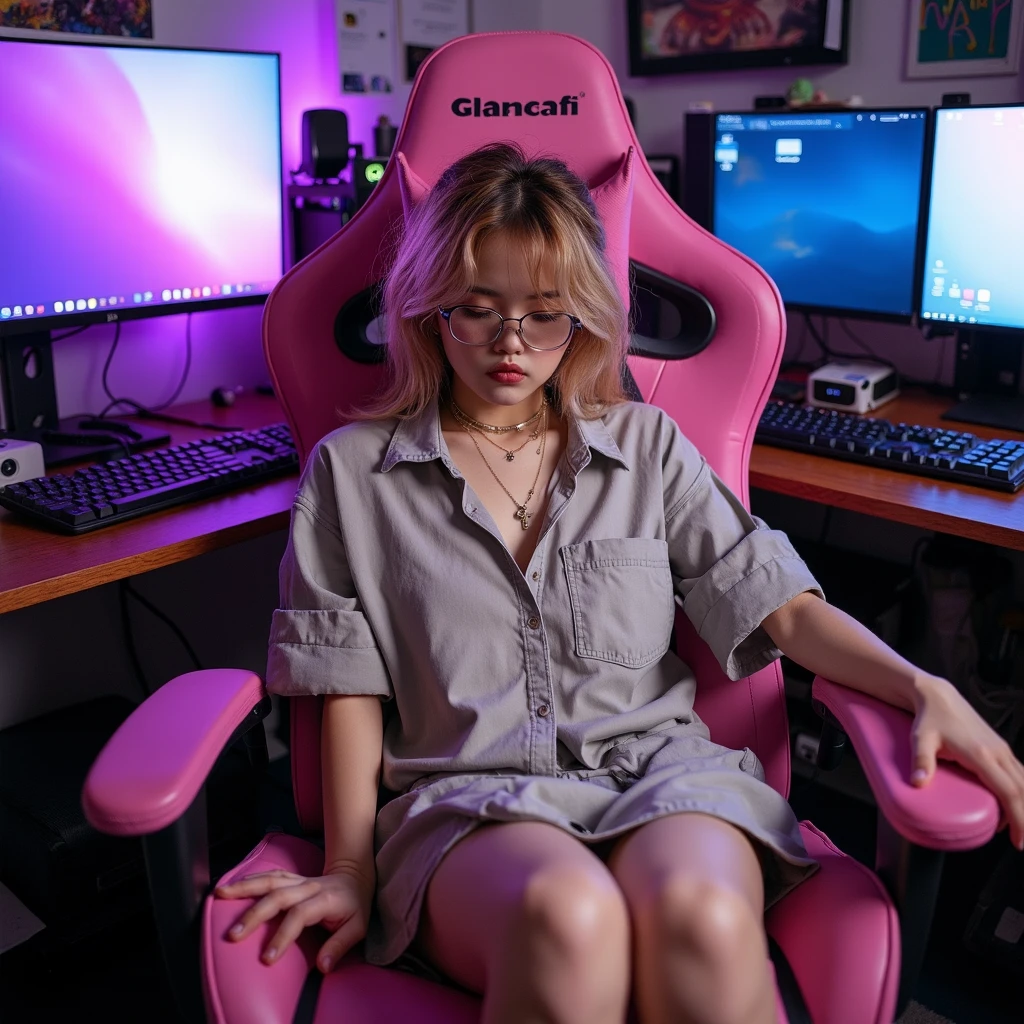 Pink hair pale skin girl gaming on PC full body