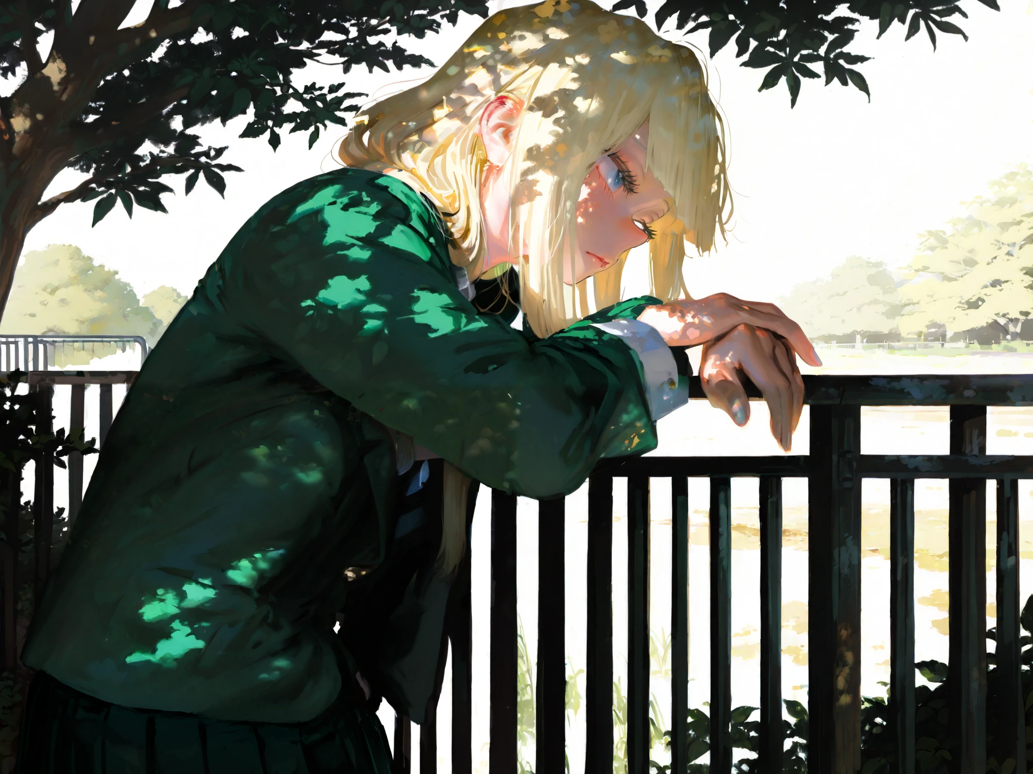 HDR, 8K, high contrast, masterpiece, best quality, amazing quality, very aesthetic, painting artstyle, realistic, newest, hyperdetailed painting, brushstrokes, digital painting, by kohei horikoshi, my hero academia art style
BREAK
bounce light, hyperdetailed, detailed hair strands, detailed fibers, aesthetic, 8k wallpaper, detailed, masterpiece, best quality, amazing quality, very aesthetic, absurdres, 8K,masterpiece, great colors, color theory, great lighting, great composition, flawless. 1girl, Hime cut, gradient black and blonde hair, grey eyes, school outfit, looking to side, leaves in the wind, sharp sunlight, windy, tree shade, railing, Japanese road background. dappled lighting. leaning against railing, hair drooping, amazing, breathtaking art