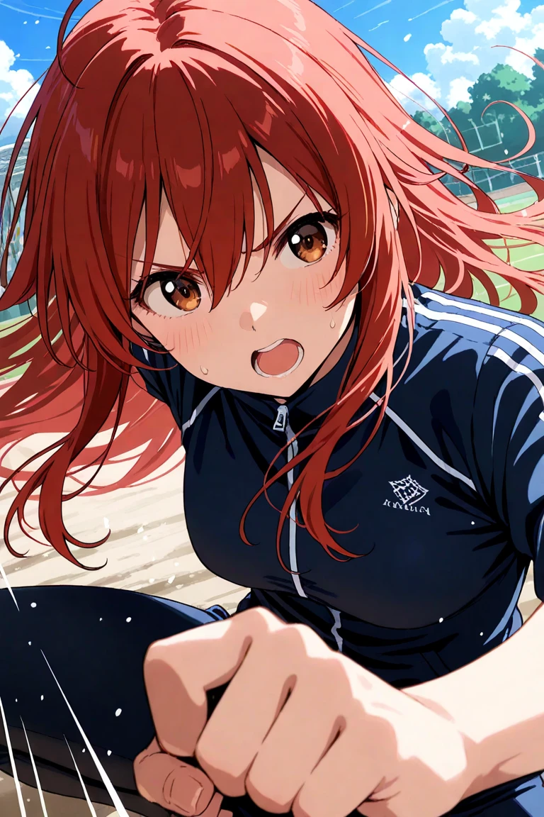 mastute piece,Best Quality,insanely detailed,8k cg,nsfw,
(shoot upper body:1.3),
(1girls:1.3),standing,looking at viewr,body in front,both arms behind back,(school-tracksuit:1.3,buruma:1.3),(bare breasts:1.1),(bare nipples:1.1),
break,
blush,shy,(ecstasy face),(trembling:1.2),break,(light orange hair:1.2),
break,
perfect breasts,perfect teats,(open mouth:0.9),(large breasts:1.2),
(outdoor sports field)、
