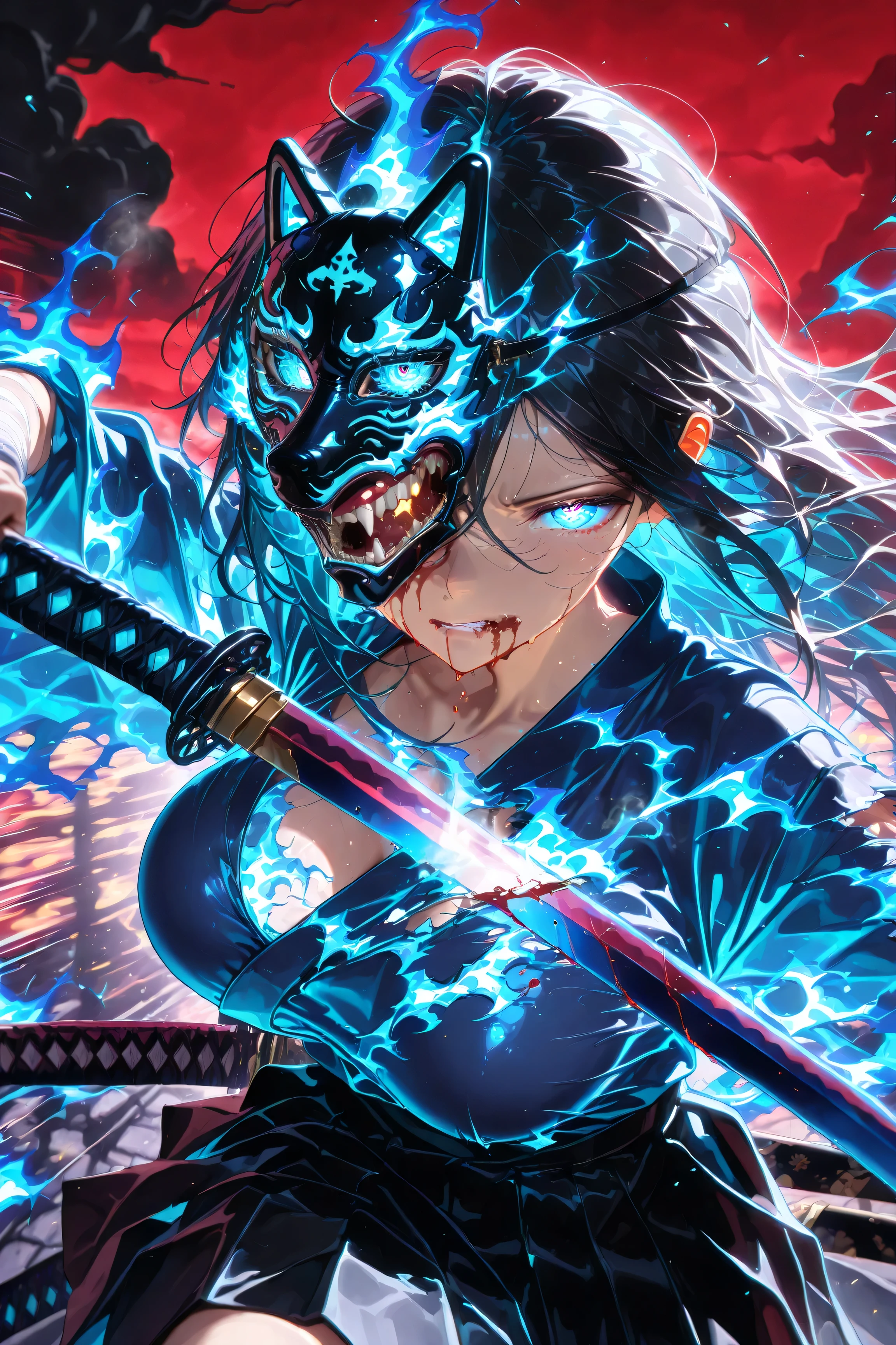 (masterpiece, Best Quality: 1.2), Ultra Detailed, HDR-10, (Soft Colors), (beautiful eyes, detailed eyes:1.2),1girl, black hair, long hair, (((Aquamarine eyes))), big breasts, Loose hair, Gritting his teeth, Wounds, Blue kimono, long black skirt, Ripped kimono, Bandages covering the chest, Arms covered in bandages,holding katana, (((Katana with blue flames))), Steam, jumping, Pupils shining, At night, Blood, Speed lines, Red sky, Black clouds, Broken mask, okami mask,(((Steam out of the mouth))), Blood on the lips, View of Side, Epic Focus, solo