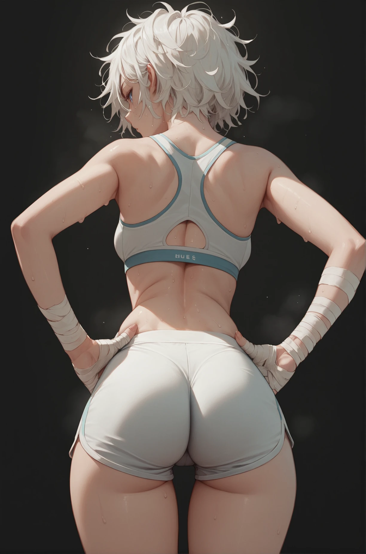 ((Best quality)), ((masterpiece)), ((highly intricate details)),beautiful, high quality, highres, absurdres, light difussion, intricate details, complex details, ((anime)), (anime:1.2) , (perfect face:1.3),colorful, highest detailed, vibrant colors, high contrast, (8K UHD:1.2), (photorealistic:1.2),(masterpiece:1.4), (best quality:1.4),extremely detailed wallpaper, highly detailed illustrations,(super-complex details) , 4K unified, (super-detailed CG: 1.2) , (8K: 1.2),(original), (masterpiece) , (best quality) , (reality: 1.3) , photorealistic, Octane rendering, (surreal: 1.2) ,((masterpiece:1.4, best quality:1.2)),1girl with a shot bob cut hair, gigantic ass, wide hips, huge breasts, photo from behind, view from behind, 🐎🍑, picture from behind, photo taken from behind, shot from behind, view from the back, bottom angle, looking from behind, from behind, 👁🌹👾, viewed from behind, great view, back to back, perfect ass, nice butt, beautiful young girl, from behind, (wide hips), (detailed skin),short bob cut hair, white hair, large breasts, wide hips, toned,((night)), simple background, dark black background