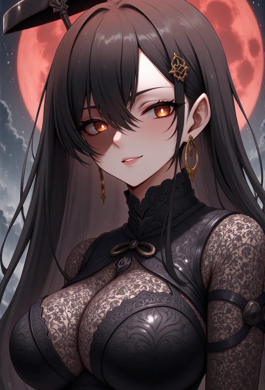 4K quality:1.2,1girl,sense of deps,disorganized,catch light,Super beautiful illustration,succubus,((black color,long hairstyles:1.3)),dark dark eyeshadow,(((4k,super beautiful,In detail,red eyes))),bright red lipstick,gothic lolita,beautiful and delicate hair,full moon night