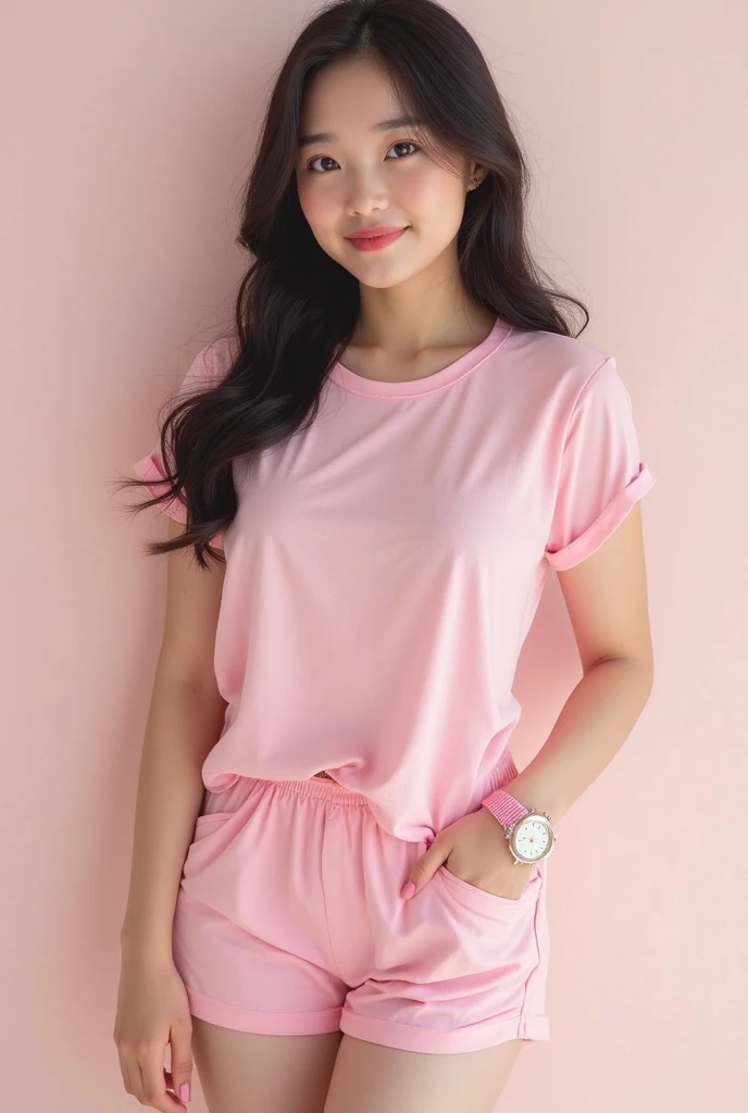 Top quality, 8K, photo, (1 female), Japanese, young, 18 years old, (pink polka dot T-shirt), (knee-length pants), knit hat, glasses, outside