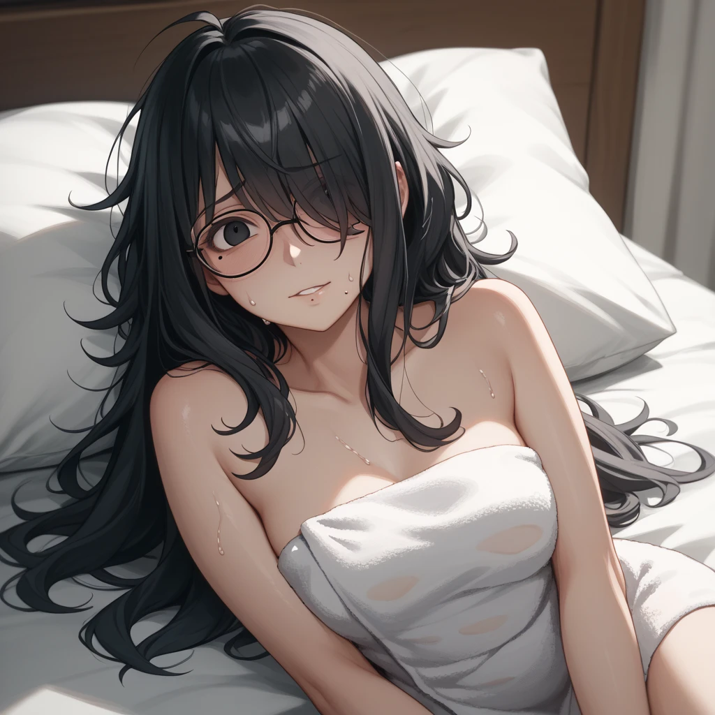 (NSFW:1.2), (8K, RAW photo, best image quality, masterpiece: 1.4), (Highly detailed CG Unity 8K wallpaper, highest quality, High resolution: 1.2), (ultra_be familiar with, UHD: 1.2), super highly be familiar with, (realistic, realistic: 1.48), 1 girl, light brown hair, long hair, side lock, bangs, ((dark purple eyes:1.4, round eyes, beautiful eyelashes)), clear eyes, Glasses, Big breasts, shiny hair, beautiful be familiar with cold face, enchanting smile, Beautiful and delicate eyes with intricate details, very accurate details, skin dents, outdoor, grassland, perfect face, perfect body, beautiful eyes, beautiful face,beautiful clavicle,naked, detiled body,detiled breast,detiled arms,detiled weist,detiled weist,detilem legs,lyng on bed,perfect body,full body angle:1.8