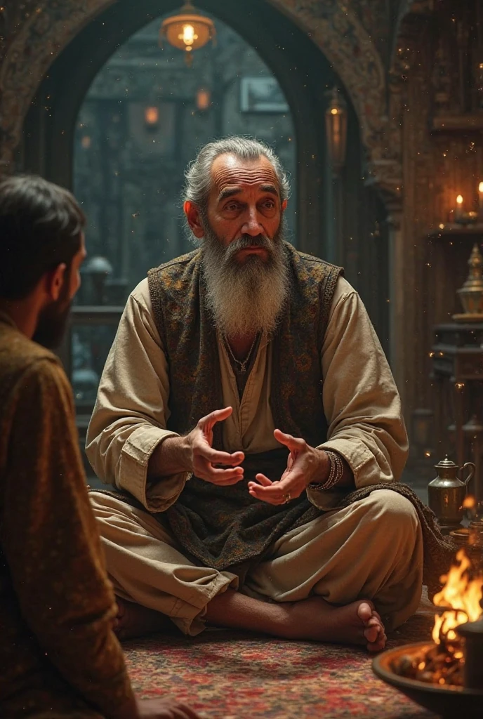 A wizard with short gray hair, small beard clothing in olive green, gold and white, aged around 50 years, he is blind in one eye and is smoking a pipe sitting in his chair