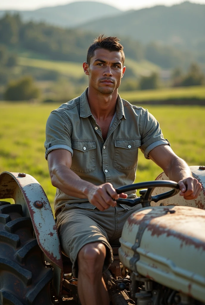 photorealestic, Full view. a boy, adorable, 24 years old, muscular, Good looking, Caucasian farmer with a very beautiful, chiseled jaw and chest, Big biceps, shaved, sandblondes Hair im Fade-Cut, Stubble, and blue eyes, with bare upper body, torn, dusty blue jeans with bulge, and brown work boots. he is sweating, and stand on a wide meadow on a hot summer afternoon, smile seductively into the camera.
