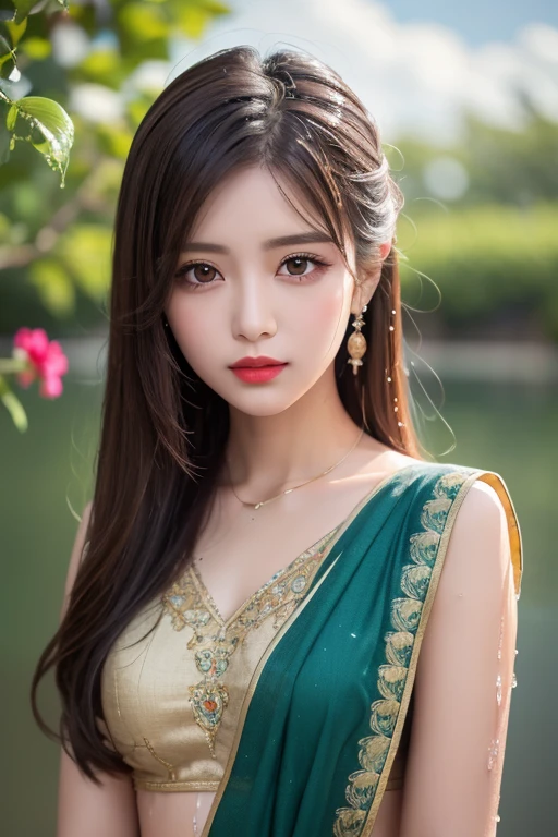 stunning intricate full color photo beautiful woman ashrai, open air, perfect eyes, sari, natural lighting, f2, 35mm, <lyco:AshRai_768_LoHA_2:1>,