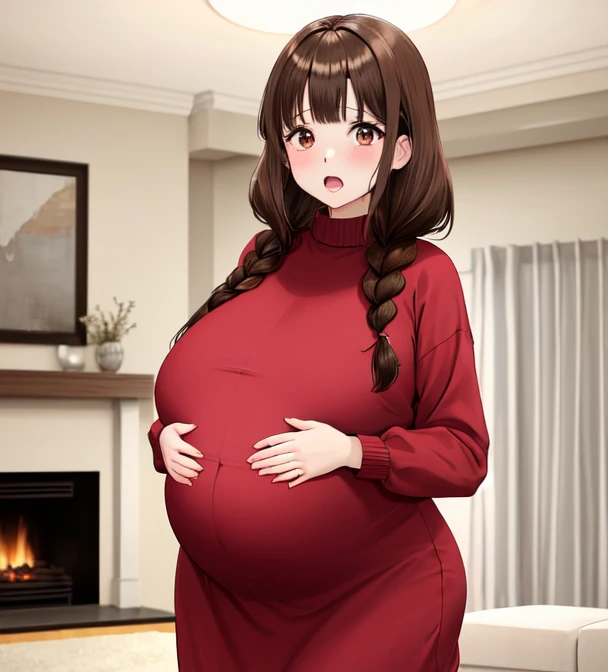 Fat, chubby, large belly, pregnant, obese, very fat, beidou, big belly, very fat, large stomach, chubby (best quality, masterpiece), thanksgiving, wearing sweater, grabbing belly, sitting down, table with of food, table tons of food, lots of food, holding belly, table with food, sitting, wearing sweater, Christmas, Holiday, Christmas cookie, beidou from genshin impact