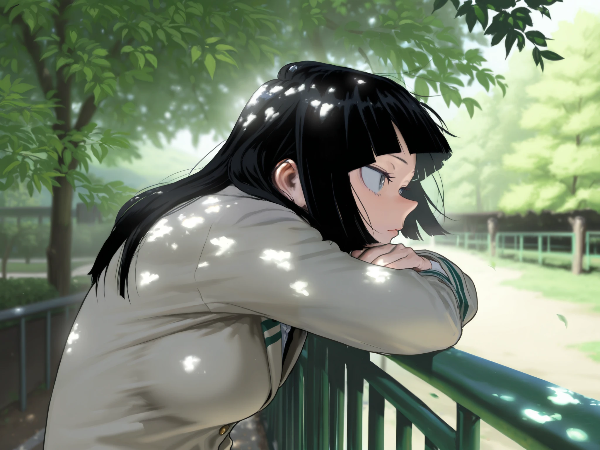 HDR, 8K, high contrast, masterpiece, best quality, amazing quality, very aesthetic, painting artstyle, realistic, newest, hyperdetailed painting, brushstrokes, digital painting, by kohei horikoshi, my hero academia art style
BREAK
bounce light, hyperdetailed, detailed hair strands, detailed fibers, aesthetic, 8k wallpaper, detailed, masterpiece, best quality, amazing quality, very aesthetic, absurdres, 8K,masterpiece, great colors, color theory, great lighting, great composition, flawless. 1girl, Hime cut, gradient black hair, grey eyes, school outfit, looking to side, leaves in the wind, sharp sunlight, windy, tree shade, railing, Japanese road background. dappled lighting. leaning against railing, hair drooping, amazing, breathtaking art