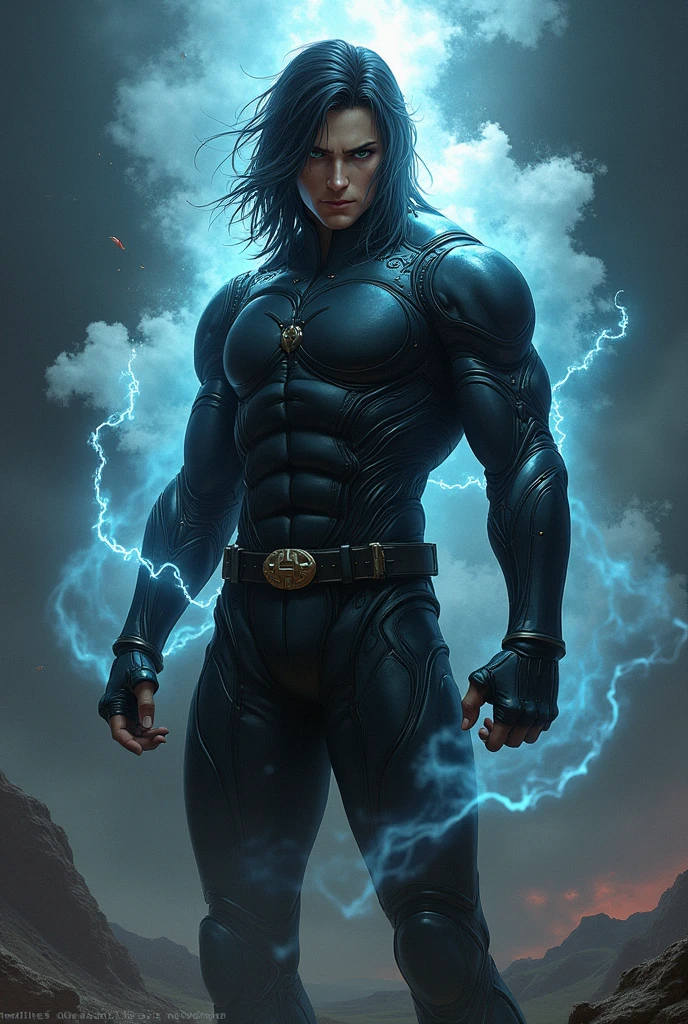 adult man with spiky black hair, electric blue eyes, black clothes, Tez blanca, with electric powers solo leveling style