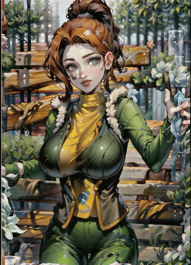 40 year old woman, Beautiful expression, A detailed eye, 二重まぶた, Detailed lips, lightsmile, (((Huge breasts))), (((White breastplate apron))), Short brunette hair, thighs thighs thighs thighs, Standing, (Photorealsitic:1.4), (Top image quality:1.0), (超A high resolution:1.0), 8K, Raw photography, (masterpiece), Background with; ((kitchin)),(link:1.5),legend of zelda, GS-womanly