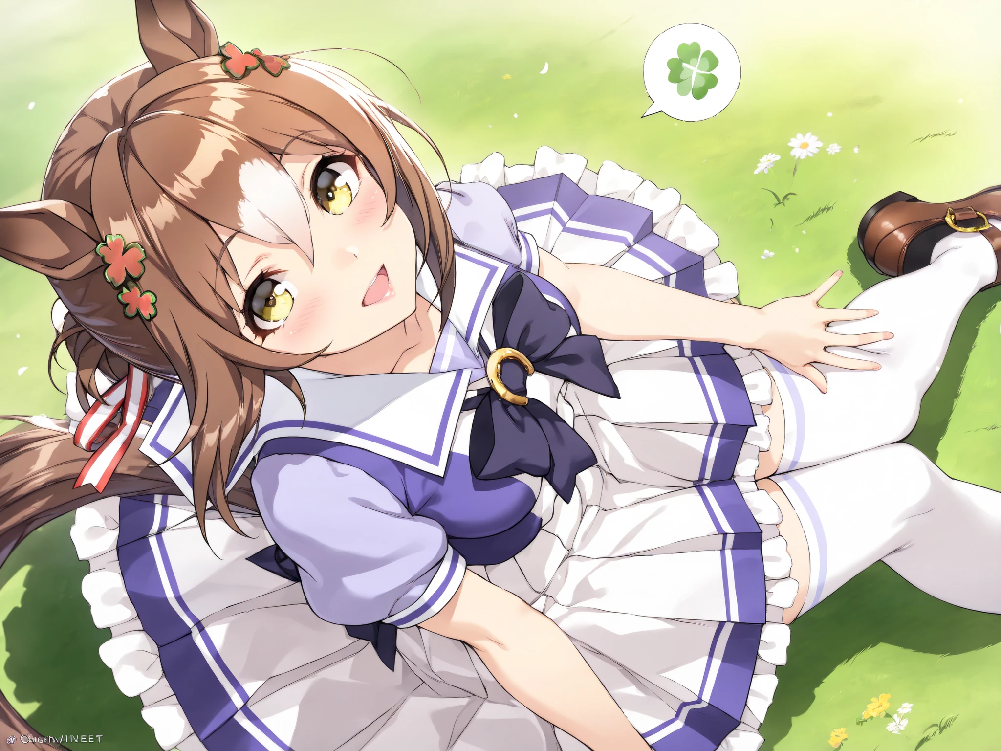 Women with Impressive Beautiful Eyes :1.2, beautiful eye for detail, Beautiful Detailed Lips , highly detailed eyes and faces, long eyelashes (cute expression , smile), Detailed lighting and shadows , Anime Style , 8k, Hi-Res, masterpiece:1.4, bright colors,
masterpiece, best quality, absurdres,ultra detailed hair,
outdoors,nature,grass,
(wind:1.5),dynamic hair,
(lip gloss,Beautiful Detailed Lips:1.3),thick lips,puffy lips,
((1 girl)), fine motion\(umamusume\), nsfw,((1 girl)), tracen school uniform, summer uniform, serafuku, puffy short sleeves, purple bowtie, horseshoe ornament, sailor collar, sailor shirt, purple shirt, white skirt, pleated skirt, frilled skirt, miniskirt, zettai ryouiki, white thighhighs, brown footwear, loafers, blush, thigh, (beautiful hands), (beautiful fingers), body without discomfort, chest, curvaceous, medium breasts, ((masterpiece)), (best quality), (absurdres), (ultra detailed), (very aesthetic),
(looking at viewer:1.2),from above,looking up,dutch angle,
full-body shot,from head to toe,
close-up of face,
(Sit on the ground:1.2),wariza,
(knees together feet apart:1.5),
(open mouth:1.3),
head tilt,
reaching,interlocked fingers,
spoken clover,
You are a professional animator, believe in your own growth and push your limits to create beautiful drawings quickly.