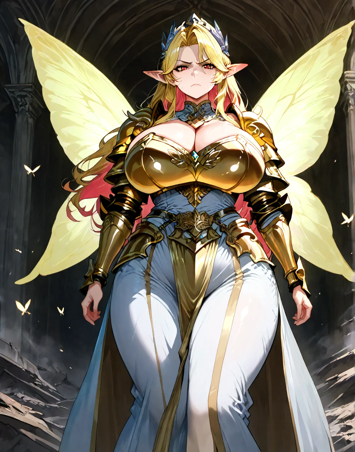 (((masterpiece))), (((best quality))), ((ultra-detailed)), (illustration), ((an extremely delicate and beautiful)), ((super detail)), ((high resolution)), (((20 years old))), metallic cloth, (maid), (android), ((mechanical wings)), delicate metal decorations, gleaming skin, shiny body, two legs, breast focus, (((tall))), slender legs, ((big round eyes)), cute eyes, drooping eyes, ((adult)), two hands, five fingers, no extra hands, elegant smile, braid, medium length hair, ((metallic light green)), (see-through), (dark blonde), biopunk, cyberpunk, (ultra-huge breasts), safe for watch, (shining brightly), outdoor, afternoon, shining sun,