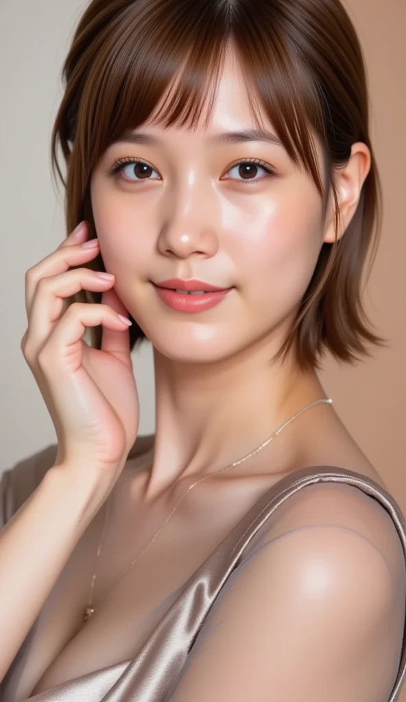 hason、nighttime scene、that attracts attention、A sexy、The shirt、High rise apartment、One room、jpn、Beautiful woman、Perfect body、Smiling、(top-quality、8K、32K、tmasterpiece、NFFSW:1.2)、Photos of beautiful girls with big breasts、very short bobbed hair、、sface focus、a necklace、from the above、looking at viewert