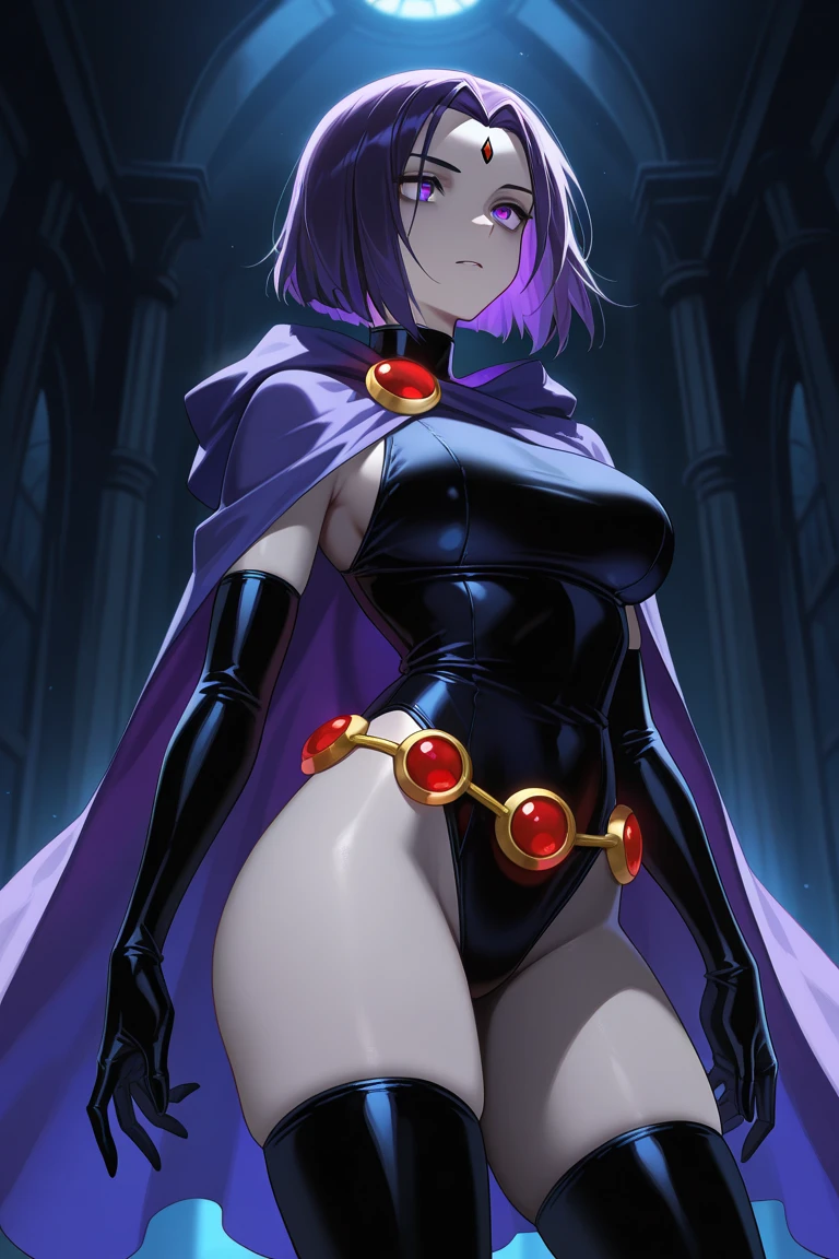 (solo:1.1),(masterpiece), (best quality:1.3), ultra detailed, intricate, professional art, digital art, absurdres, shadraven, (Full body view:1.1), 1girl, solo, (grey skin:1.4), dark purple hair, bob hair, purple eyes, hips wider than shoulders, pear shaped body, jewellery, detailed thighs, thick thighs, red jewel in forehead, jewels, (long sleeved turtleneck leotard:1.3), cuffs, small breasts, (shadraven dark purple cloak), (Shadraven broach:1.2), (Shadraven jewel belt:1.3), Shadraven wearing a long sleeved leotard posing outside at night, long legs, ( crotch bulge:1.4), large penis, large testicles, erection under clothes, side angle view, looking at viewer, bubble butt , gluteal crease, universal lighting,,