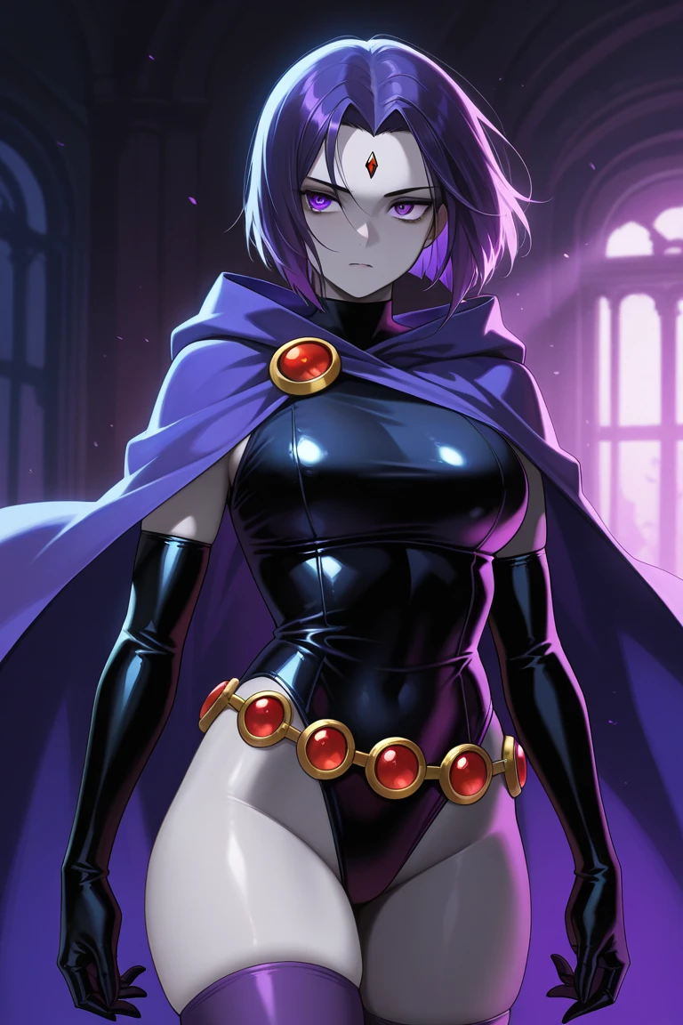 thick outlines, comics, photorealistic, 1girl, solo, small breast, casting dark magic, magic circles, floating in the air <lora:raven-768:0.6>, ravenlora, purple hair, purple eyes, pale skin, grey skin, forehead jewel, leotard,  blue cape, red jewel belt, tights, detailed background, detailed face, detailed eyes, <lora:add_detail:0.7>