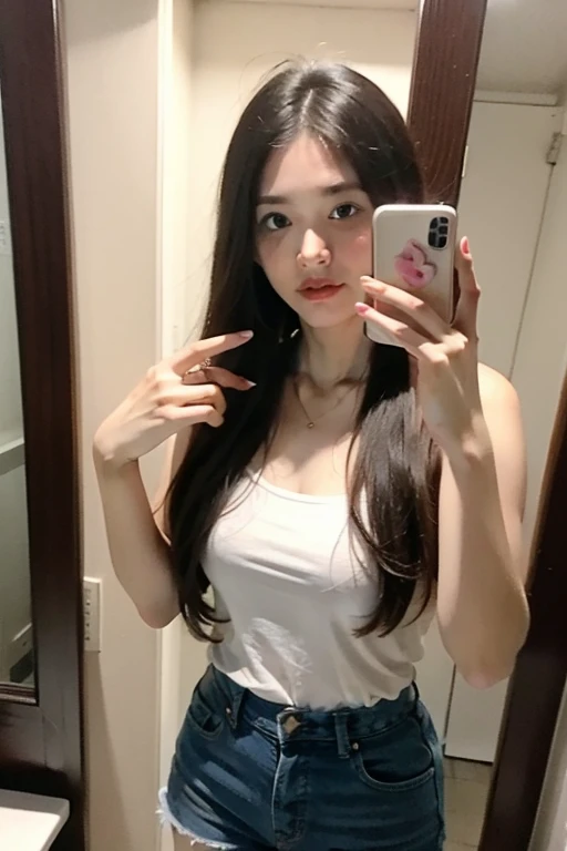 (Real, High resolution:1.3), A girl with a perfect body, Very beautiful face and eyes,Long black hair,Square neck, fitted short sleeve white ribbed T-shirt: thong Selfie in front of the mirror