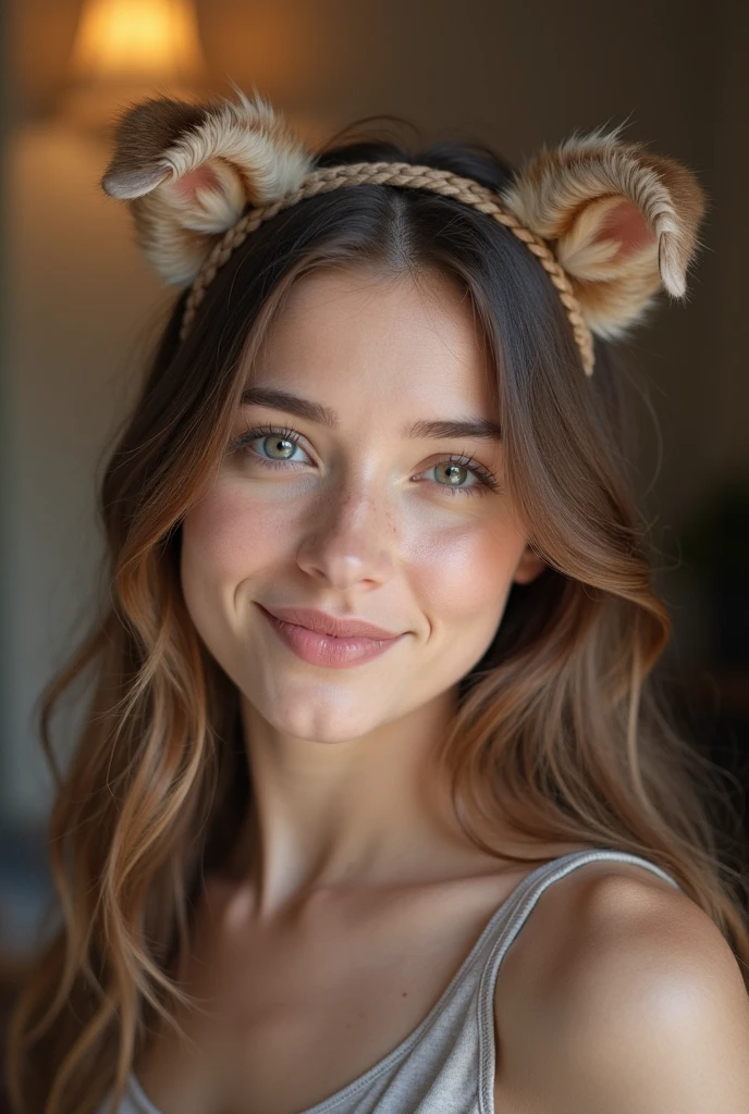 1girl wearing a reindeer sweater and reindeer antlers on her head, young woman with antlers, wearing festive clothing, young woman, pink hair, 1girl, beauty, young girl with grey eyes, cute woman, wearing a hat made of fluffy antlers, with curly hair, big smile, big laugh, red sweater, pink hair, hairy pussy
