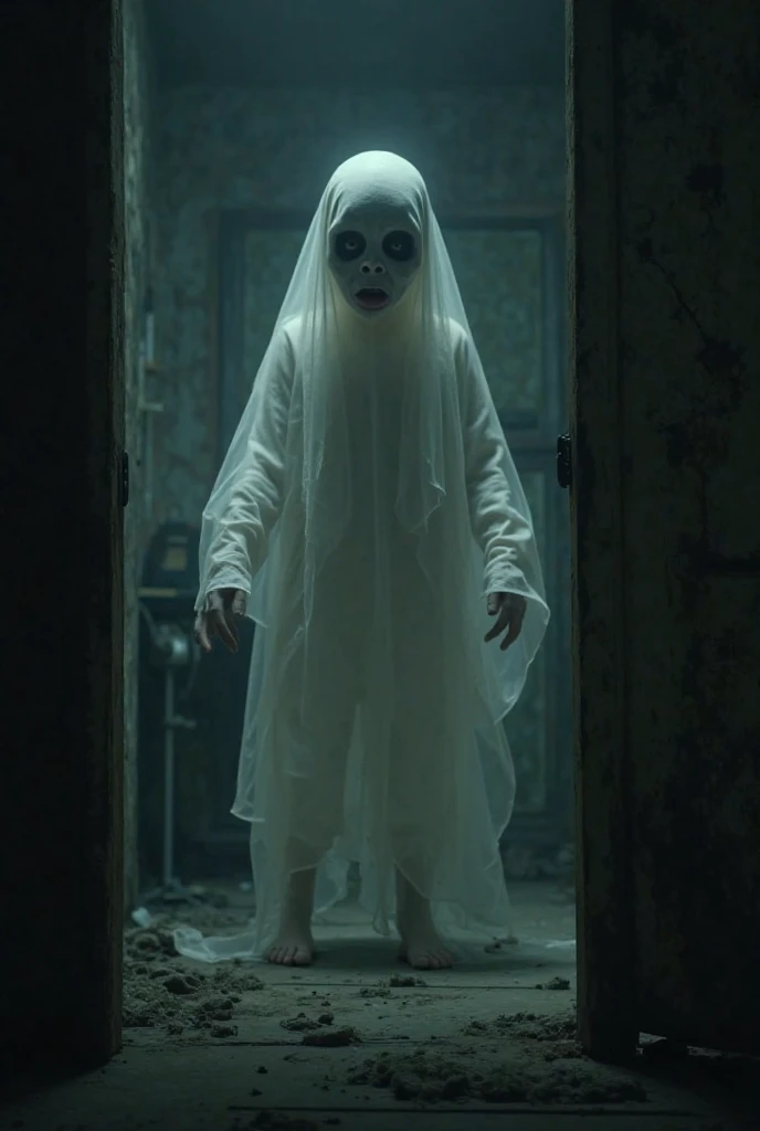 (("obsessive: Pocong figure in the dark night")) in a chilling and ominous composition. Create a scary scene with the Pocong figure., ghostly vision, wrapped in burial cloth, visible from the window into the pitch dark night. Illustrate the window, its wooden frame cast eerie shadows in the scanty moonlight., while a pale glow from within illuminates the room with a ghostly aura. Display a Pokong figurine, his shrouded form glowed faintly in the darkness, his empty gaze is fixed on the viewer, sending shivers down the spine. Capture an ominous presence, when it floats outside, his hands reach out to the window glass, increasing feelings of fear and horror. Depict the interior of the room, almost invisible in dim light, enhancing the exciting atmosphere. Emphasize the play of shadows and moonlight, creating a chilling atmosphere, causing fear and anxiety. Convey a feeling of horror and admiration, celebrating the Pocong figure's supernatural allure and blood-curdling fear, which she inspires. Use an artistic style, which emits ghostly visions and an eerie atmosphere., using (((pale moonlight and ghostly presence))) create a visually terrifying and captivating image of a pocong figure outside a window on a dark night., capturing the fear-inducing mystery of the supernatural and the mysterious nature of its ghostly existence.