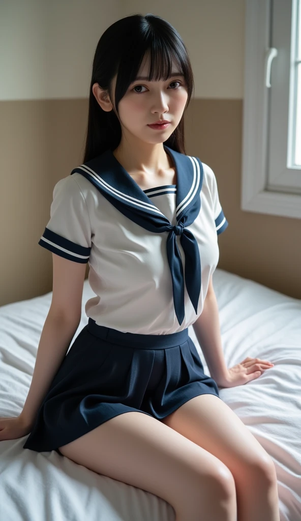 (masterpiece, highest quality:1.2), 8K, official art, RAW photo, incredibly absurd, (whole body, sailor suit:1.4), beautiful girl, 18-year-old、cute face, arch back, (navy pleated skirt), open,, , short sleeve, gardenia, violaces, 、sit on a chair、looking at the viewer, film grain, chromatic aberration, sharp focus, face light, dynamic lighting, cinematic lighting, detailed eyes and face, background bokeh, (1 dark red bow tie:1.2)、、one girl、blush、look at the viewer、(huge breasts:1.2)、wet hair、shiny hair、wet face、wet skin、wet body、wet costume、、、Depth of bounds written、pointed red mouth、red mouth,clavicle、beautiful fingers、、cute wet face、Wet clothes that stick to your chest、Wet and see-through clothes、short hairstyle、view from below,