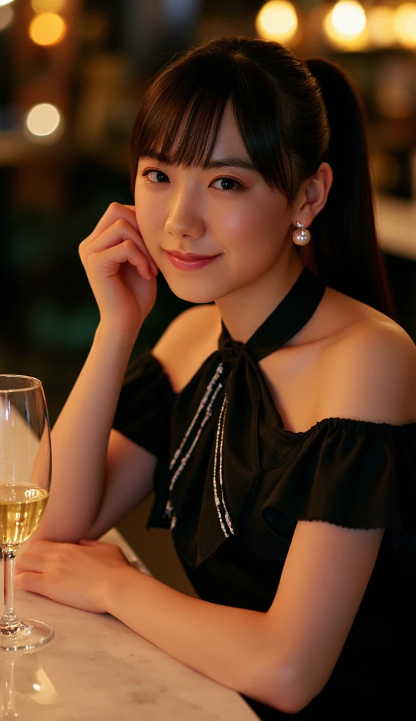 (hair, Ultra-high resolution, Highest quality, masterpiece: 1.2), (Realistic, photoRealistic: 1.37), Very detailed, 1 pretty woman, (slimな顔), (The body is slim), (Brown Hair), (Shortcuts), cheeks turn a little red, (Age 25), Age 25, alone, 窓の外の美しい詳細な都市のnight景, restaurant, wine glassが座る, nightに, NovaFrogStyle in a prominent place, actress, model, Upper Body, White wine, slim, wine glass, Super Clean night View, wine glass Put in the Middle, Happy smile, (smile: 1.15), Beautiful Eyes, Upper Body, Destroy Japan, night, short, short, actress, model, Upper Body, White wine, slim, wine glass, Super Clean night View, wine glass Put in the Middle, Happy smile,Sleeveless dress、Dress code、Chic dress、Dress color is random
