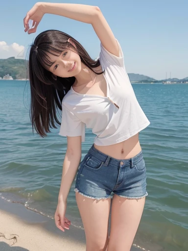 UHigh resolution, retina, masterpiece, Accurate, Anatomically correct, Textured skin, Super Detail, Attention to detail, high quality, Awards, 最high quality, High resolution, 1080P, High resolution, 4K, 8k, 16K、blue sea、Wide sky、deep sandy beach、girl、1people、cute、8k,masterpiece,Japanese,,from the front,とてもcute:1.3,smile,Innocent face,Calm Eyes,Childish,Small breasts,T-Shirts,Short sleeve,Short skirt,semi-long,noon,bright,One cherry blossom,Beautiful shaved pan:1.2,Nipples pumping:1.1,beautiful pussy line,
