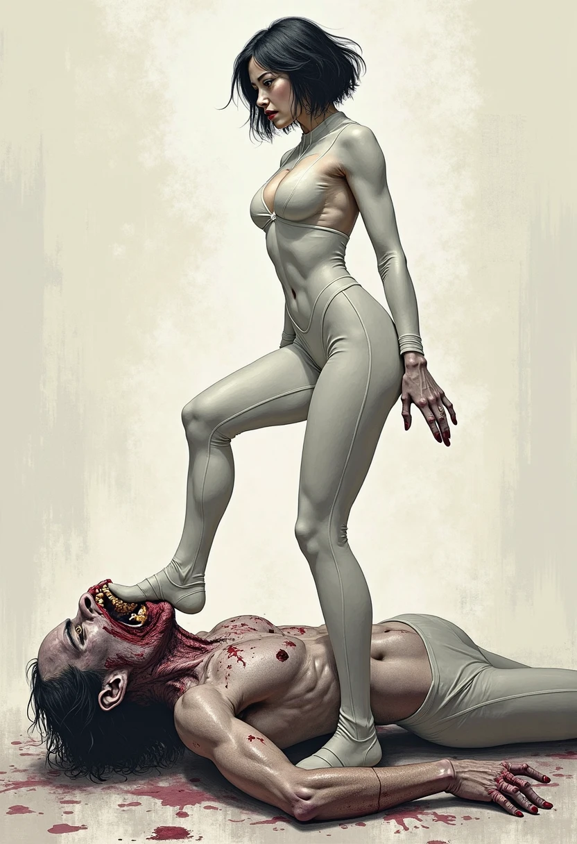 comic storyboard,realistic,3d,Unreal Engine 5,skin texture,anatomically correct,1beautiful girl, long hair,smile,barefoot,lace top,sexy, shiny leggings, thin gap,camel toe,high heels,cleavage,crossed legs,large breasts,leg tattoo,long hair,smile,toenails,) standing,trample,cuts,defloration,indoor,couple,femdom,hetero,saliva , mucus,femdom,blood on clothes,blood on hands,blood splatter,open mouth,kneeling man,sit,trembling man,dead man,sit,bruise man,lying man,man cum,bleeding man,(masterpiece, best quality:1.2)