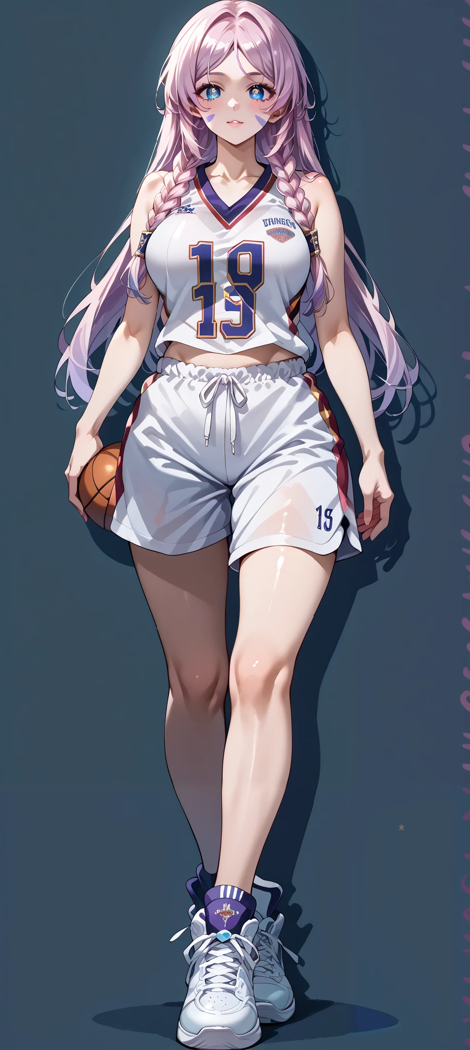 score_9, score_8_up, score_7_up, source_anime, 4K,perfect fingers,(perfect hands, perfect anatomy),prefect lighting, very aesthetic, intricate details,highly detailed background, masterpiece, high quality, best quality,
citlali, blue eyes, bright pupils, facial mark, long hair, multicolored hair, pink hair, purple hair, hair intakes, braid, twin braids, parted bangs, hair ornament,Large Breast
wearing ((basketball uniform, basketball jersery, sportswear, jersey, shorts, sleeveless, )) ,,
Stand up,((fullbody:1.5)),