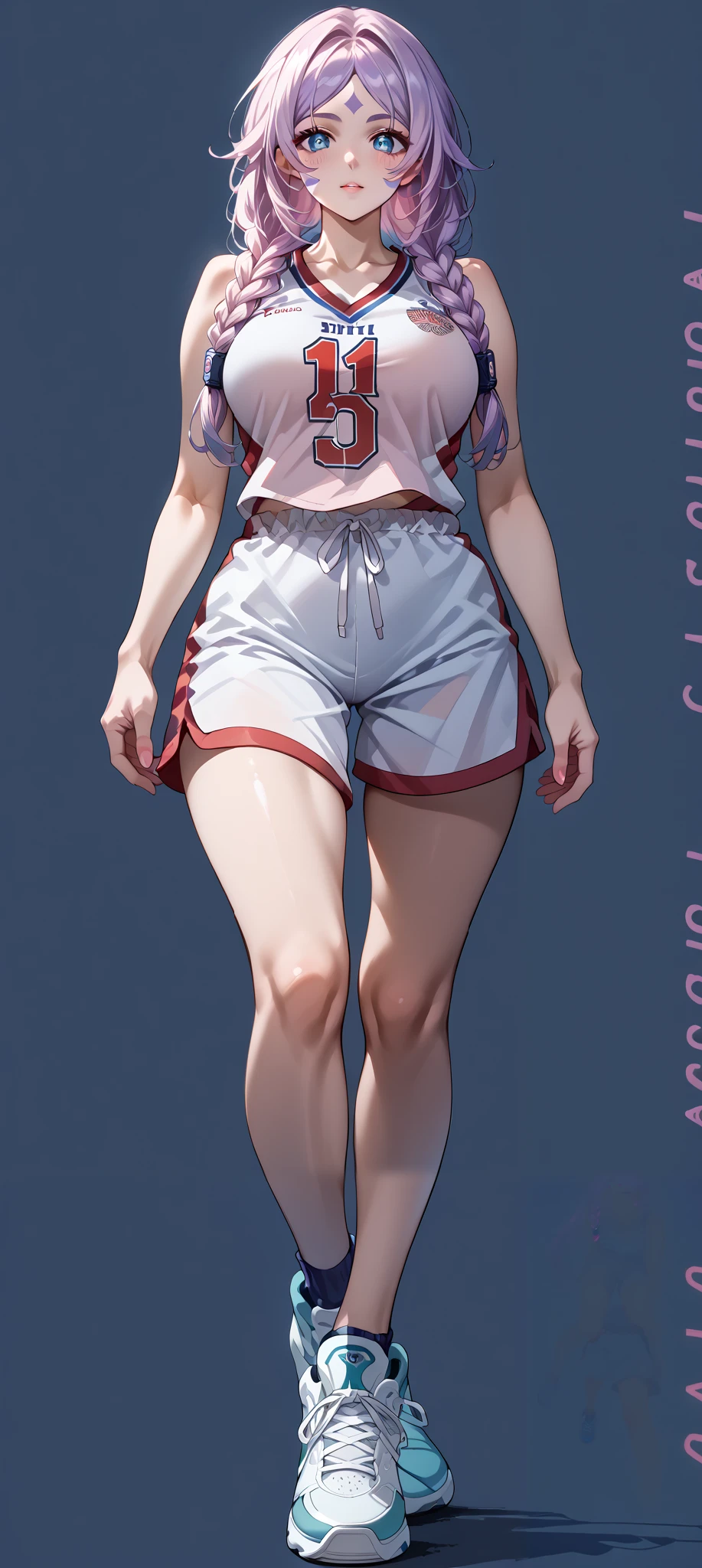 score_9, score_8_up, score_7_up, source_anime, 4K,perfect fingers,(perfect hands, perfect anatomy),prefect lighting, very aesthetic, intricate details,highly detailed background, masterpiece, high quality, best quality,
citlali, blue eyes, bright pupils, facial mark, long hair, multicolored hair, pink hair, purple hair, hair intakes, braid, twin braids, parted bangs, hair ornament,Large Breast
wearing ((basketball uniform, basketball jersery, sportswear, jersey, shorts, sleeveless, )) ,,
Stand up,((fullbody:1.5)),