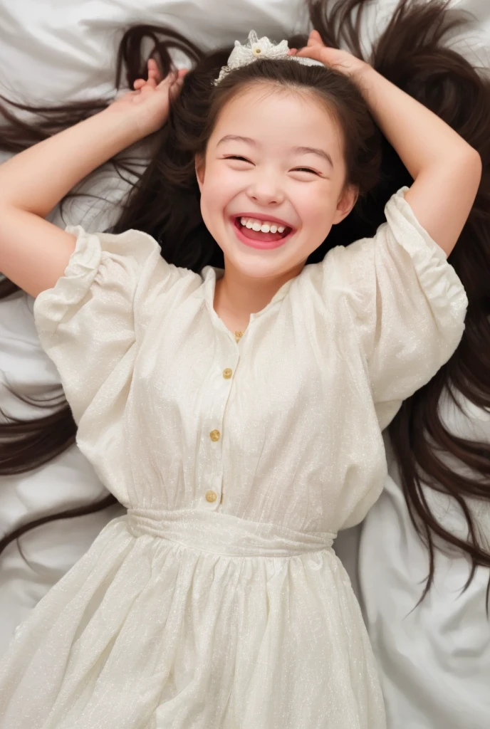 Japanese,Beautiful 6 years old,Baby Face、Upper body image、Ultra-flat chest:1.85、Ultra short height、smile、Flat Chestのクローズアップ、Flat Chest:1.85、cute,Primary school students,clavicle、Primary school studentsのcute私服、Summer clothes、So small and so young、On the bed:1.85、She has her arms open wide waiting for a hug:1.85、Big frilly ribbon:1.85、Strong motherhood、sunday morning、Sticking out a long tongue:1.85