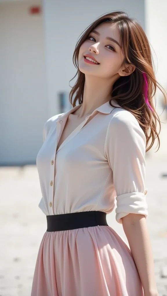 Photo of 21 year old girl, (brown hair with extra long wavy), ((portrait)), (Detailed face: 1.2)), (Detailed facial features)), (Fine skin), pale skin, high detail and deep cleavage, slim body, (cold color), reflection, (masterpiece) (Perfect proportions) (realistic photos) (highest quality), shot with Canon EOS R5, 50mm lens, f/2.8, HDR, (8k) (wallpaper) (movie lighting) (dramatic lighting) (sharp focus) (complex), (shirt, mini flared pastel skirt, heels), ((full body shot)), (city background), ((from below))