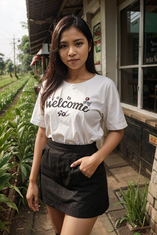 A teen girl with Indonesia face, approximately 16 years old. The girl can be seen in the process of peeing. Standing. Wet patch. Incontinence (urination:1.5) (peeing in skirt) (facw view to camera)
