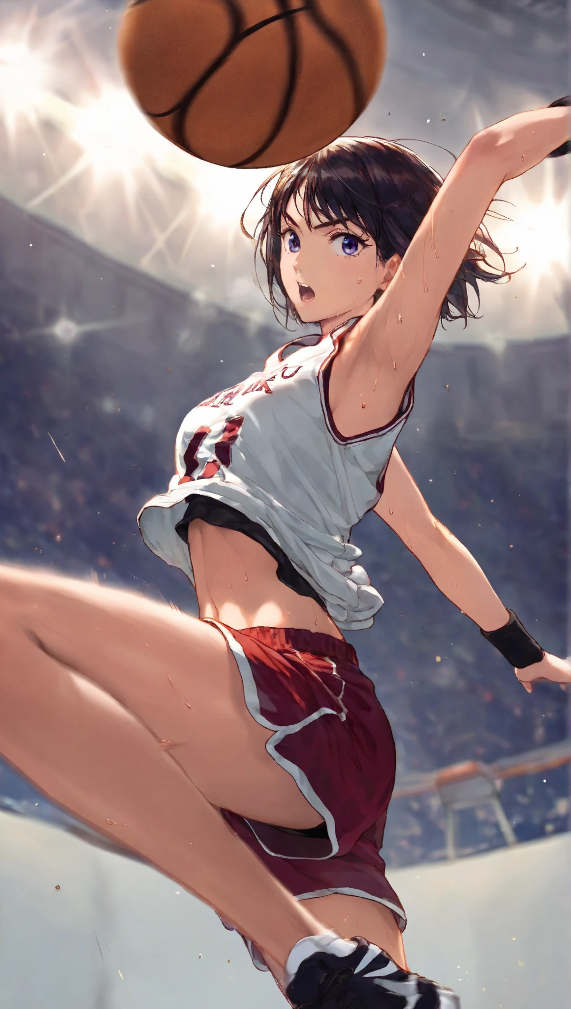 1 pre adult girl, full body. fighter girl. skirt. fighter. tank top and blouse. concentrated. In a ring. Kicking