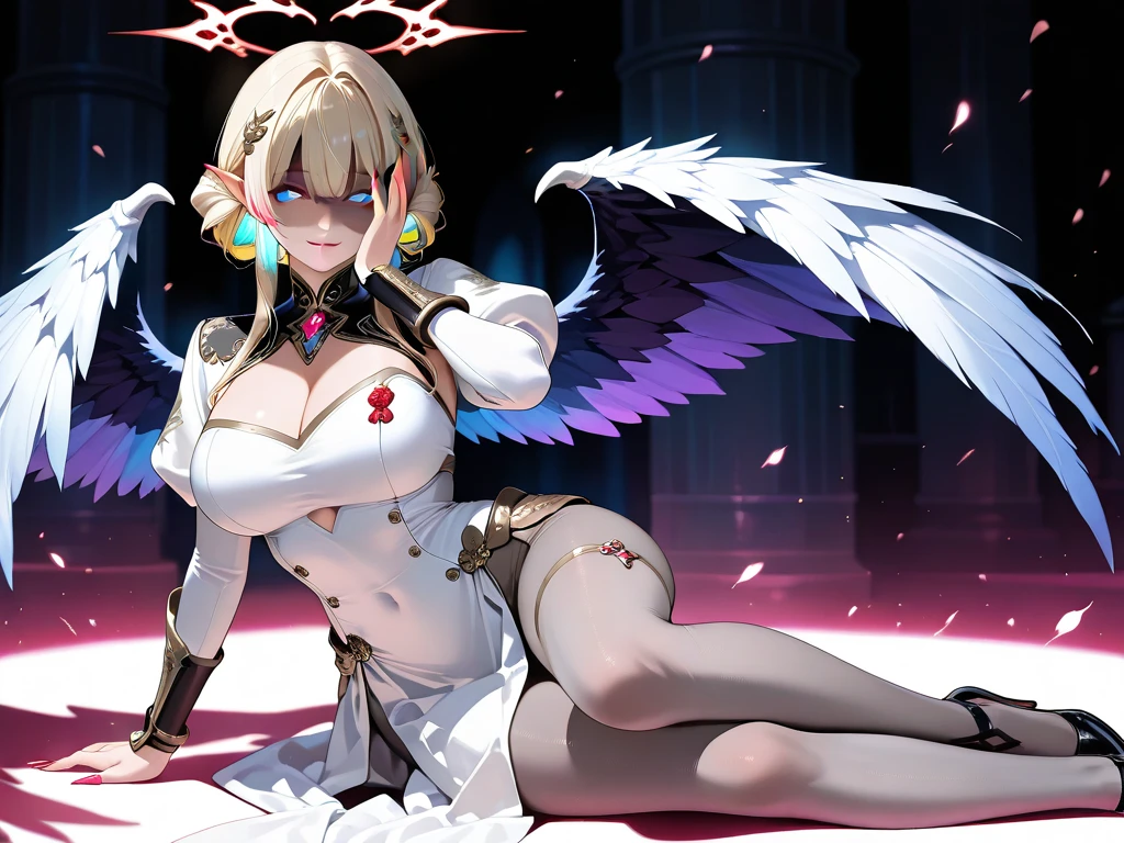tall body, tall, long legs, mature female, mature, adult, EFT_Tensura_Frey, 1girl, wings, solo, breasts, forehead mark, leotard, red leotard, facial mark, yellow eyes, detached sleeves, short hair, white wings, feathered wings, white hair, large breasts, looking at viewer, bare shoulders, highleg leotard, angel wings, fur collar, cleavage, forehead jewel